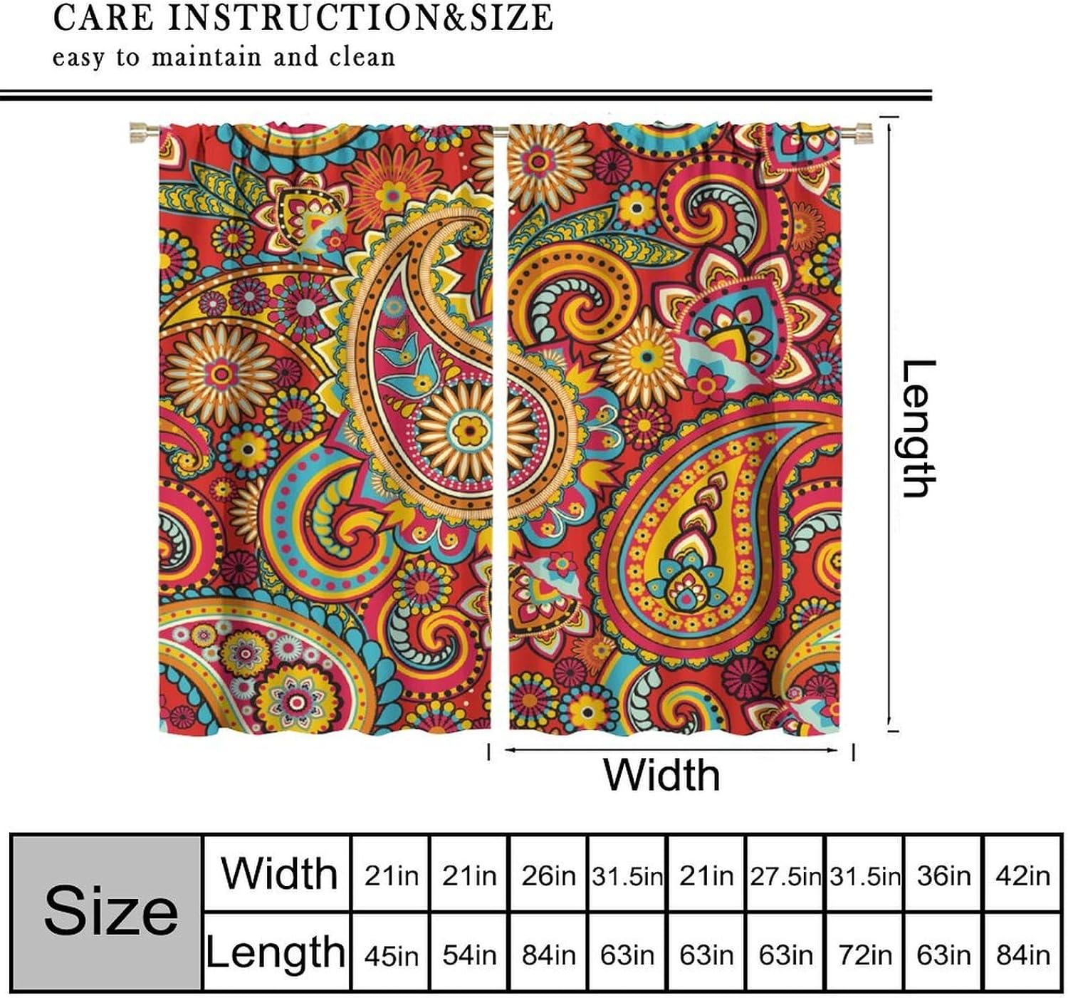 Bohemian Blackout Curtains Mandala Paisley Boho Vintage Flower Colorful Art Print Bedroom Living Room Rod Pocket Decoration Window Drapes 2 Panels W21xL45in