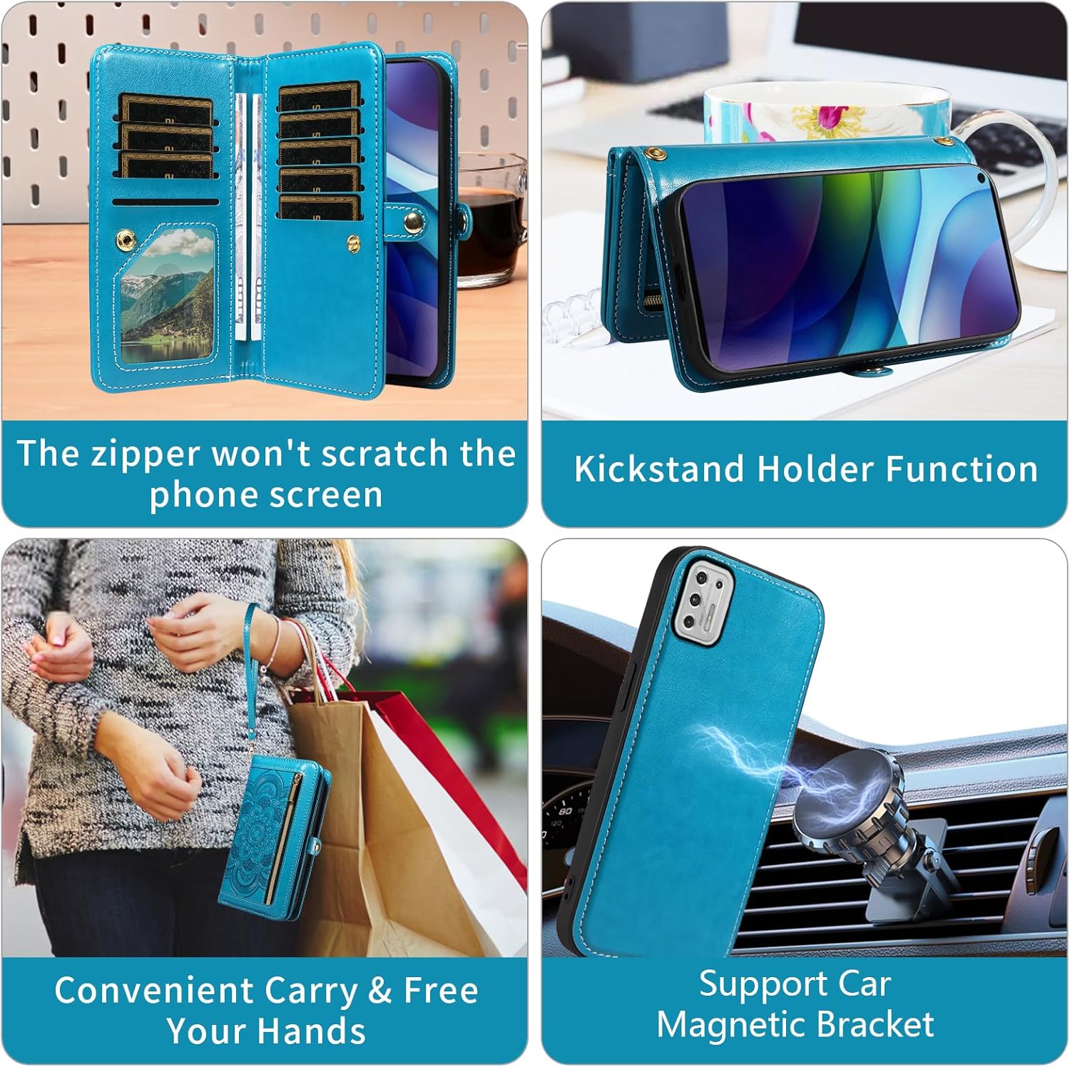 Asuwish Phone Case for Moto G Stylus 2021 4G Zipper Wallet Detachable Cell Cover with Tempered Glass Screen Protector Strap Flower Card Holder Motorola GStylus 6.8 Stylo XT2115DL XT2115-1 Women Blue