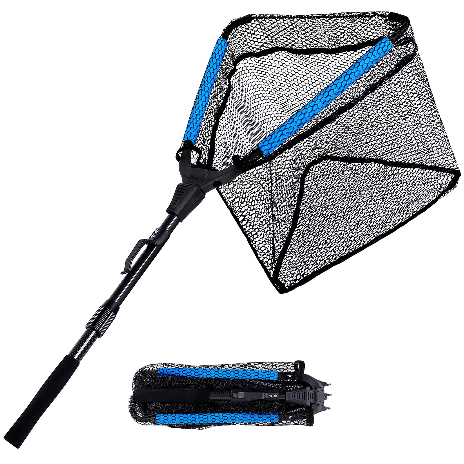 PLUSINNO Fishing Net Fish Landing Net, Foldable Collapsible Telescopic Pole Handle, Durable Nylon Material Mesh, Safe Fish Catching or Releasing