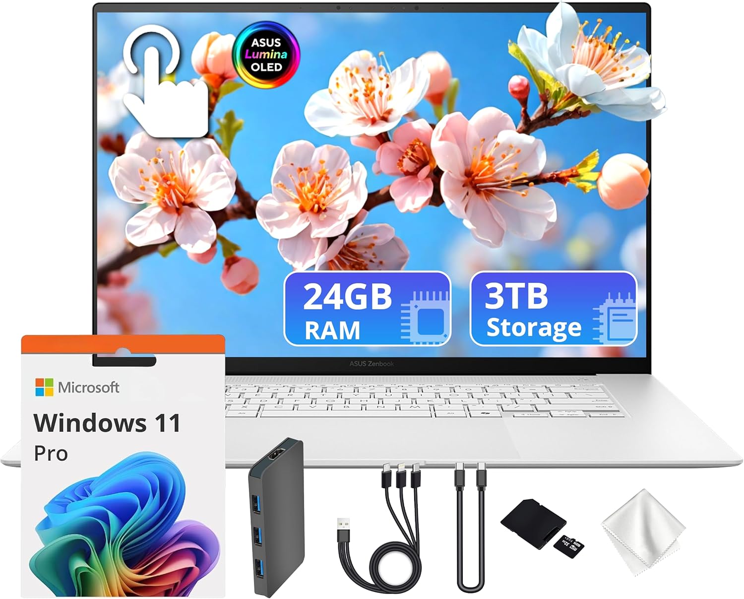 ASUS Zenbook S 16 16" 3K OLED Touchscreen Laptop, AMD Ryzen AI 9 365, AMD Radeon 880M, 24GB LPDDR5X, 3TB Storage (2TB SSD&1TB Docking Station), Backlit KB, FHD Camera, Wi-Fi 7, Win 11 Pro, White