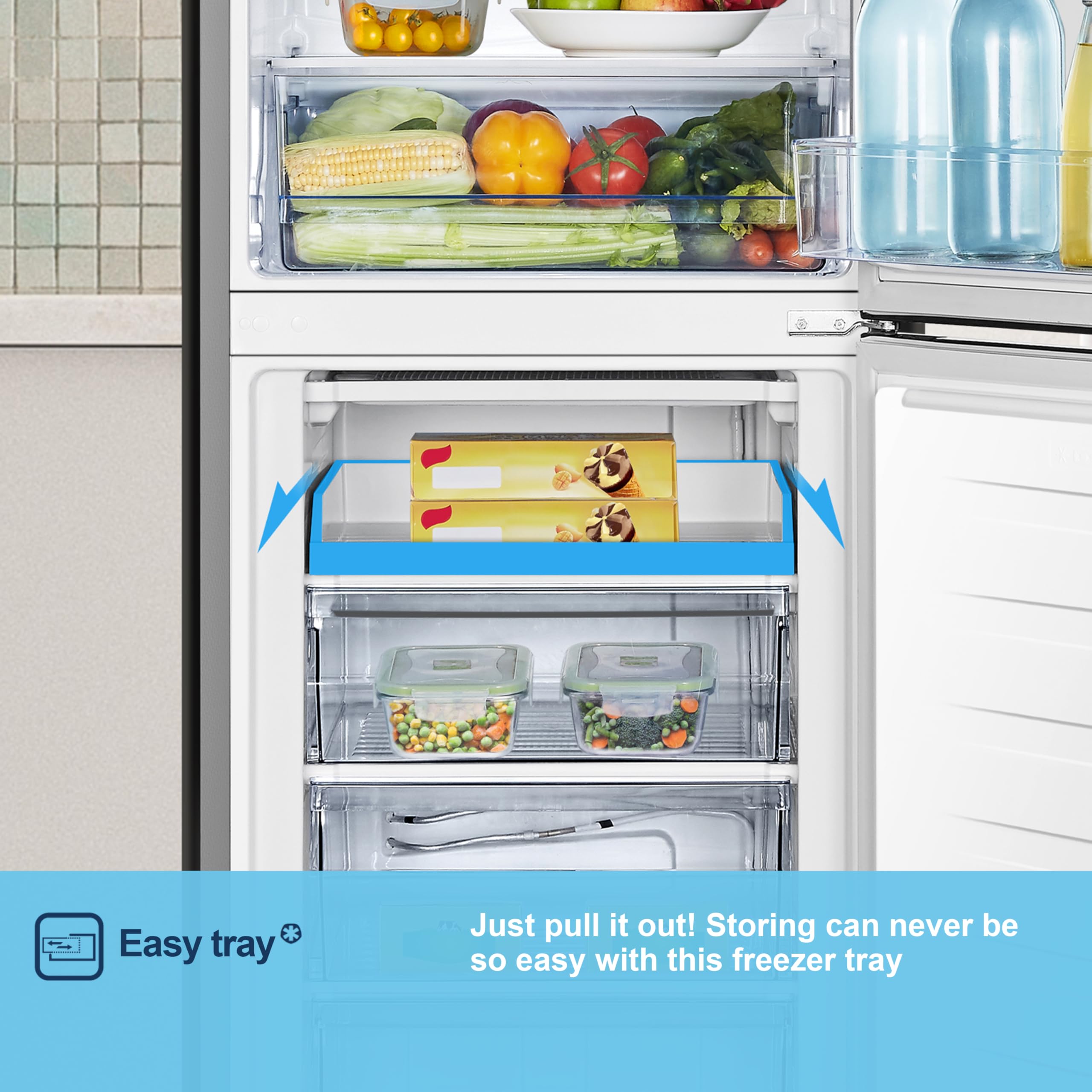 Fridgemaster MC55240ES 55cm Freestanding 252L 50/50 Fridge Freezer - LED Lighting, Silver - E Rated, H174.3 x W55.4 x D55.8 (cm) — view 6