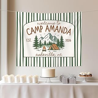 Personalized Camp Bachelorette Party Banner, Summer Camp Bach Party Backdrop, Welcome to Camp Custom Name Tapestry Decor, Hiking Mountain Lake Bridal Shower Photo Background, Outdoor Rustic Camp Theme Celebration Sign