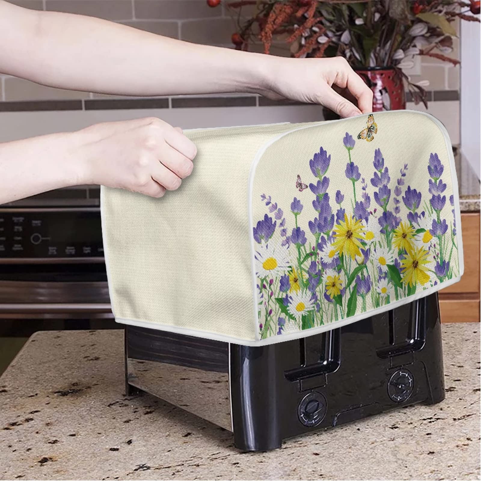 Poceacles Daisy Bees Designs Black Toaster Cover For Kitchen Office, 4 Slice Toaster Cover Appliance Cover Toaster Dust & Fingerprint Protection Machine Washable, M