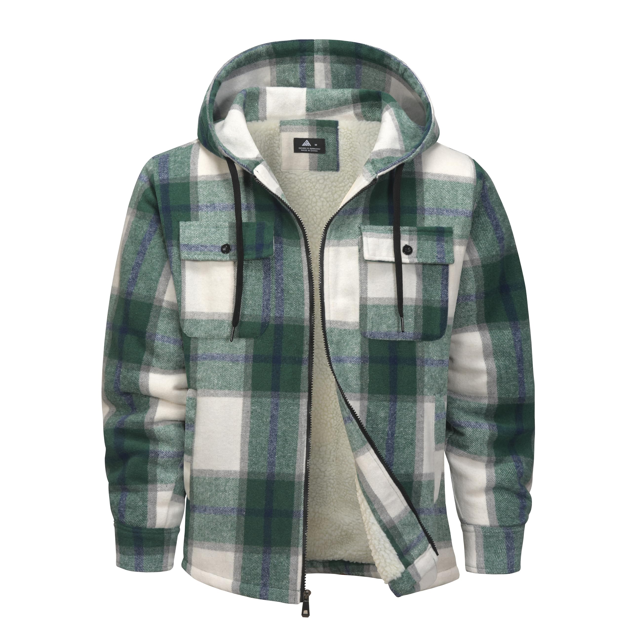 SwissWell Herren Hemdjacke Verdicken Kariertes mit Zipper Flanelljacke Plüschfutter Freizeit Gefüttert Holzfällerhemd Männer Winter Hemd Fleece Hoodie Winterjacke mit Brusttasche(Grün Weiß, M)