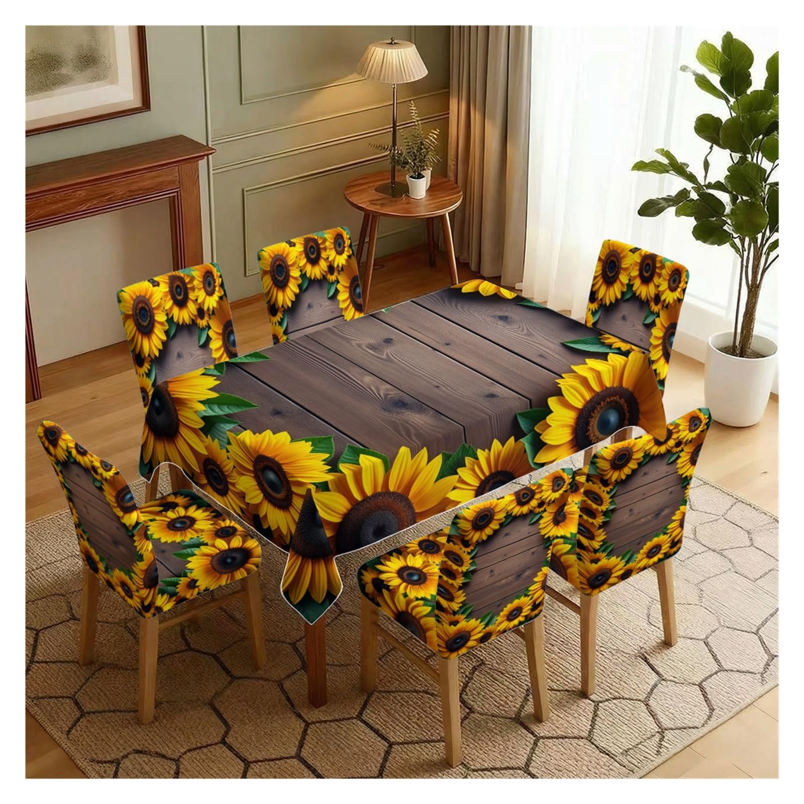 KXUAUV Sunflower Wooden Board Pattern Print Stretch Dining Chair Slipcover & Tablecloth Set, Rustic Farmhouse Dining Kitchen Home Decor, 5/7 Pack Party Decor(7pcs Set: Tablecloth+Chair Covers)