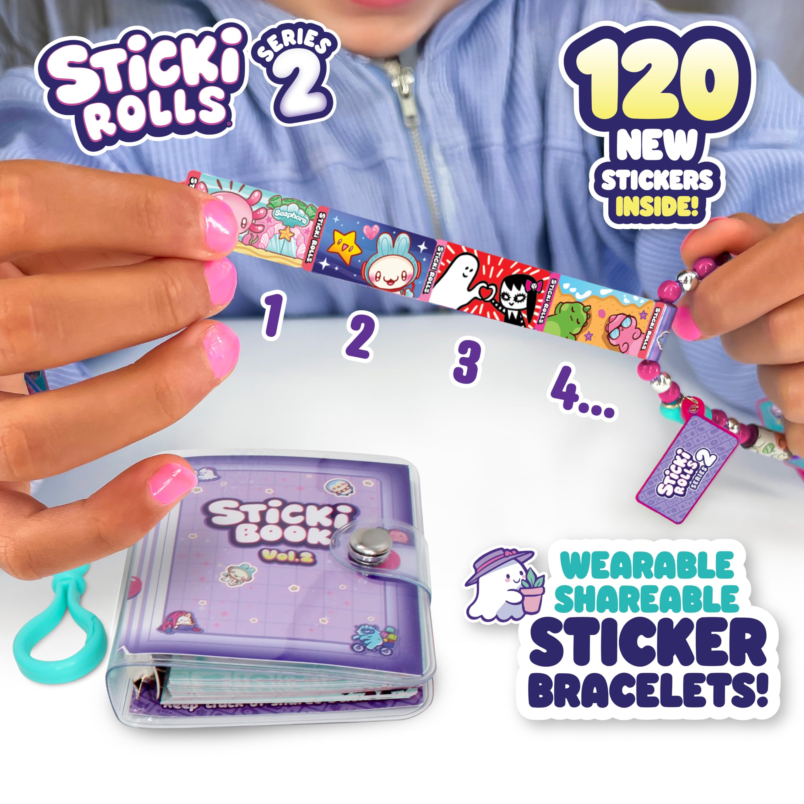 STICKI Rolls Sticki Book – oryginalna bransoletka z naklejkami na zabawki do noszenia + książka kolekcjonerska, zawiera 120 mini naklejek, ponad 1000 zabawnych wzorów naklejek do kolekcjonowania
