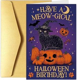 Black Cat Halloween Birthday Card, Have A Meow-gical Halloween Birthday Card, Magical Witch Cat Sitting on Pumpkin Bday Card for Women Men