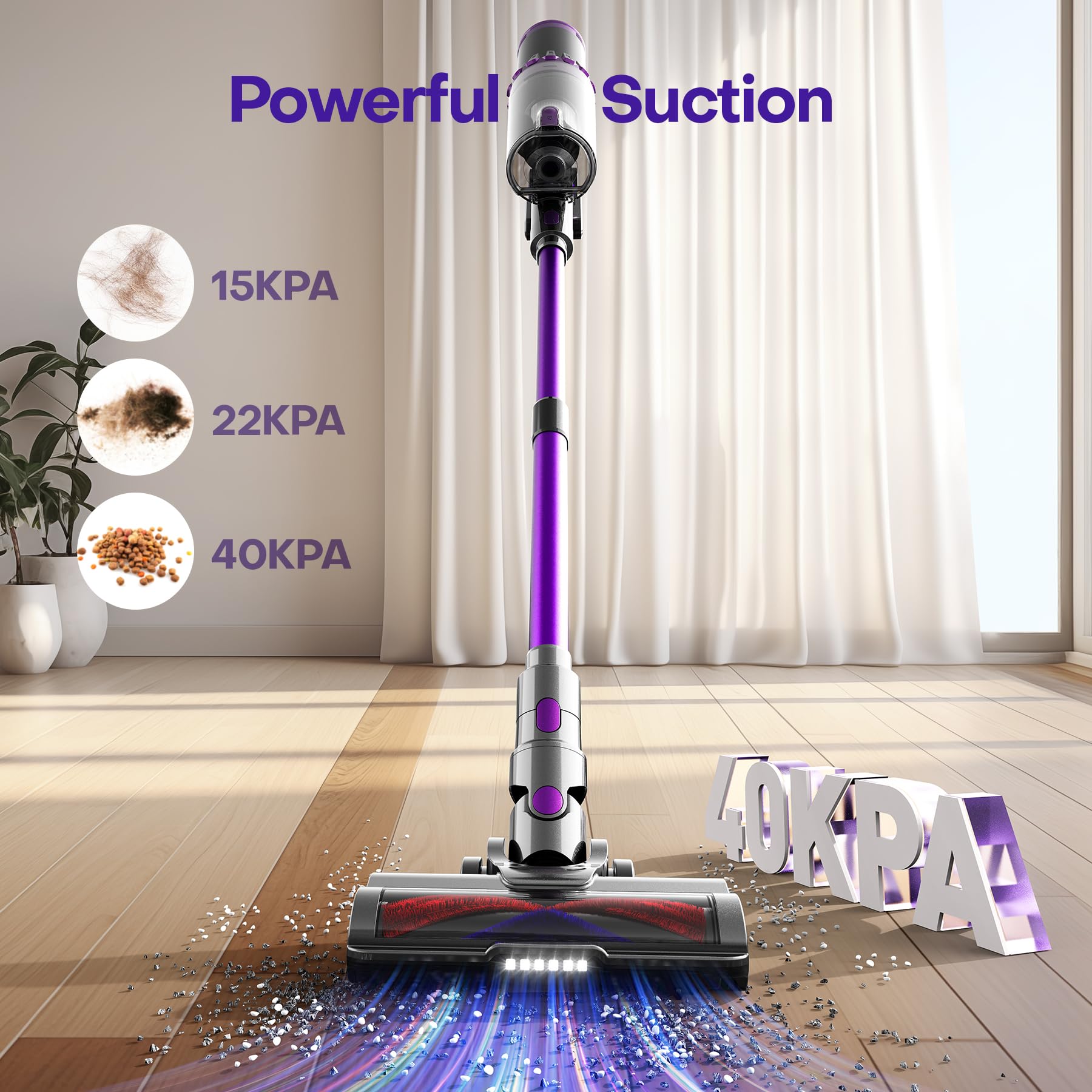 VEGREM Aspirapolvere Senza Fili Potente 500W/ 40KPA/ 60min, Scopa Elettrica Senza Fili Brushless, Aspirapolvere Potente Modalità automatica, Filetr a 7 stadi, V Rullo antiangolo, Batteria staccabile
