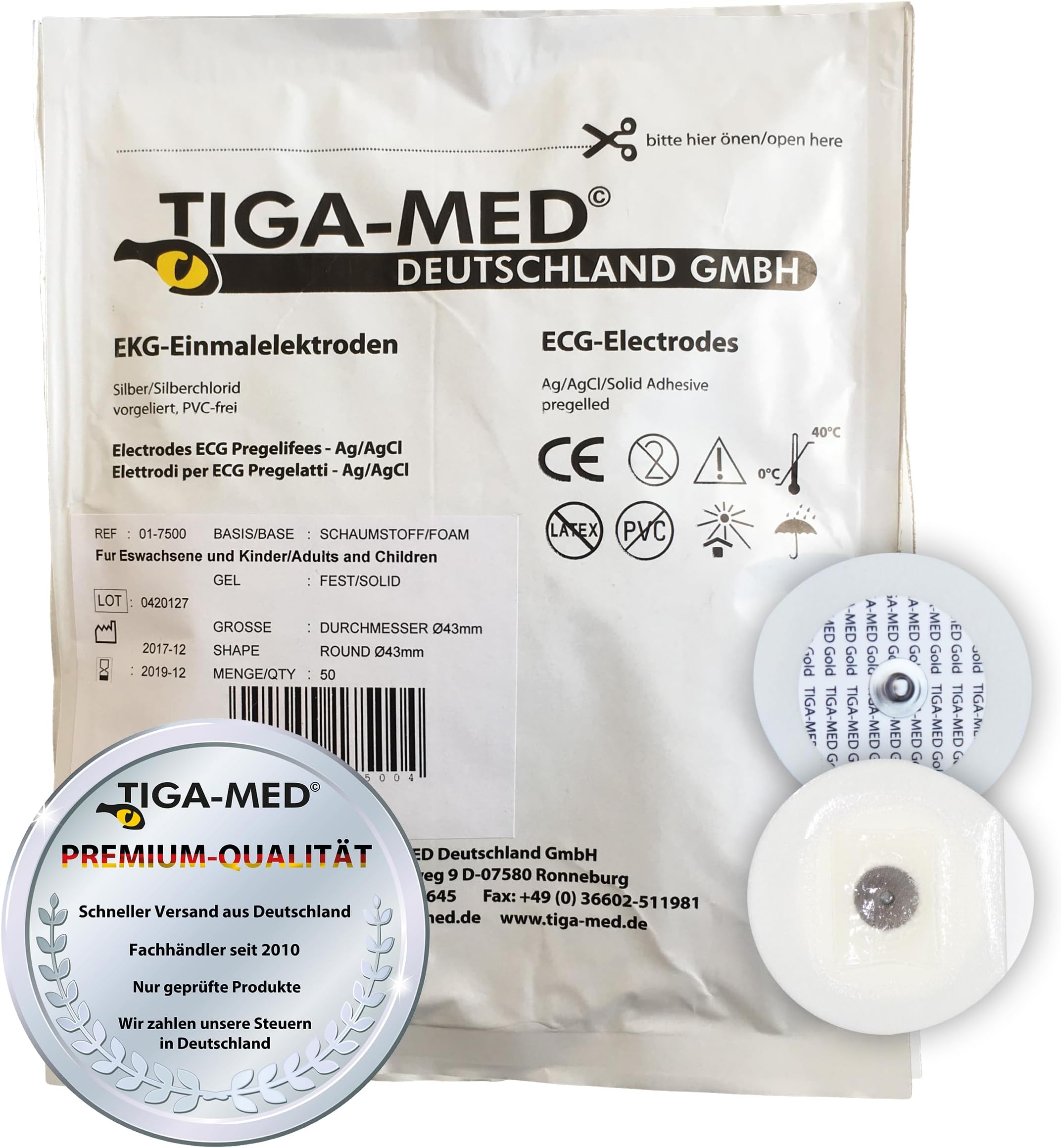 TIGA-MED Disposable ECG Electrodes – Solid Gel Snap/Stud Pads, Strong Adhesion, Ag/AgCl Sensor, 100 Pack (2x50), 43 mm, Hypoallergenic (Latex & PVC-Free), Made in EU