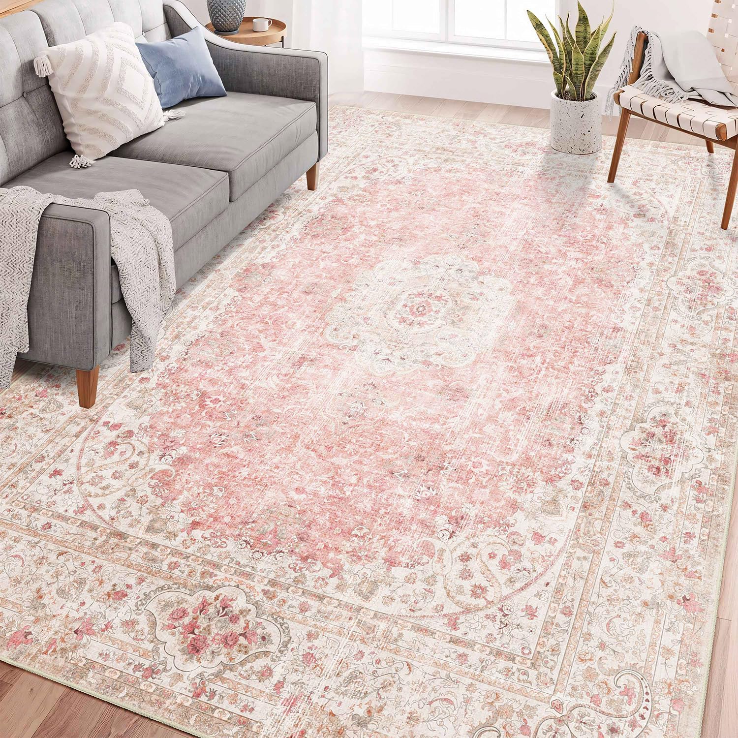 6x9 area rugs washable,pink rug for living room bedroom kitchen,large boho vintage bohemian distressed carpet non slip,blush 6'x9' pink