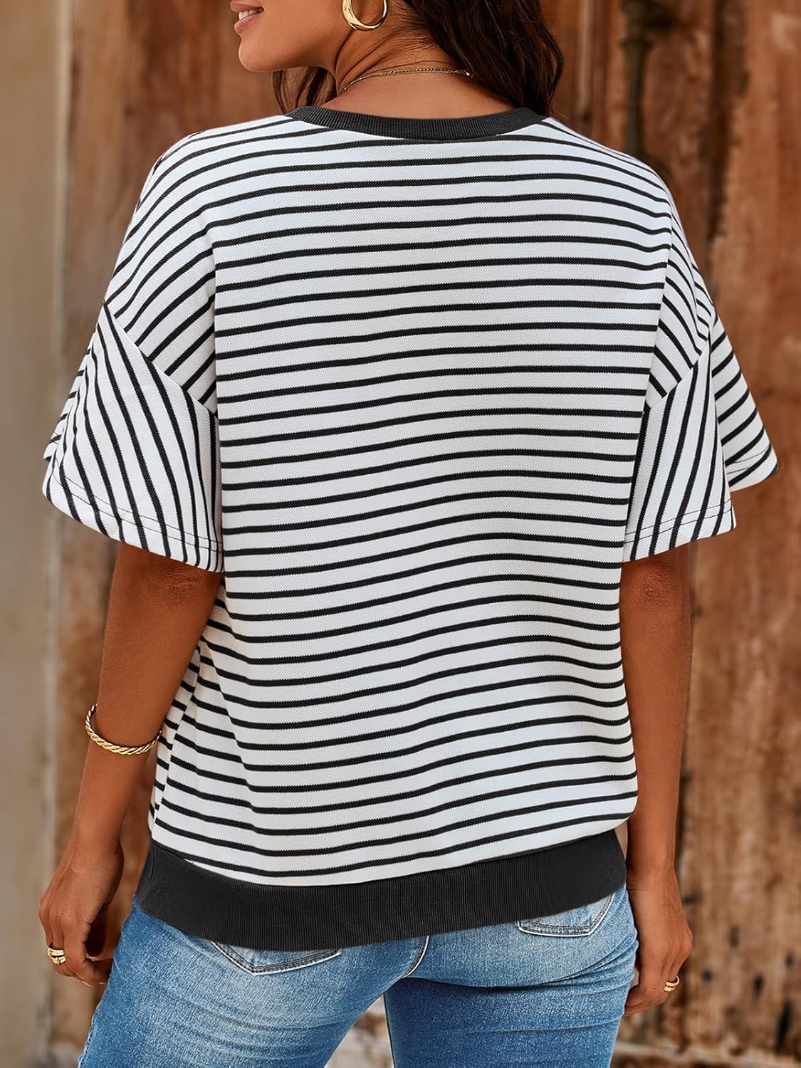 Tankaneo Womens Ruffle Sleeve Striped T Shirts Summer Crew Neck Color Block Tops Casual Loose Fit Tees White - Image 3