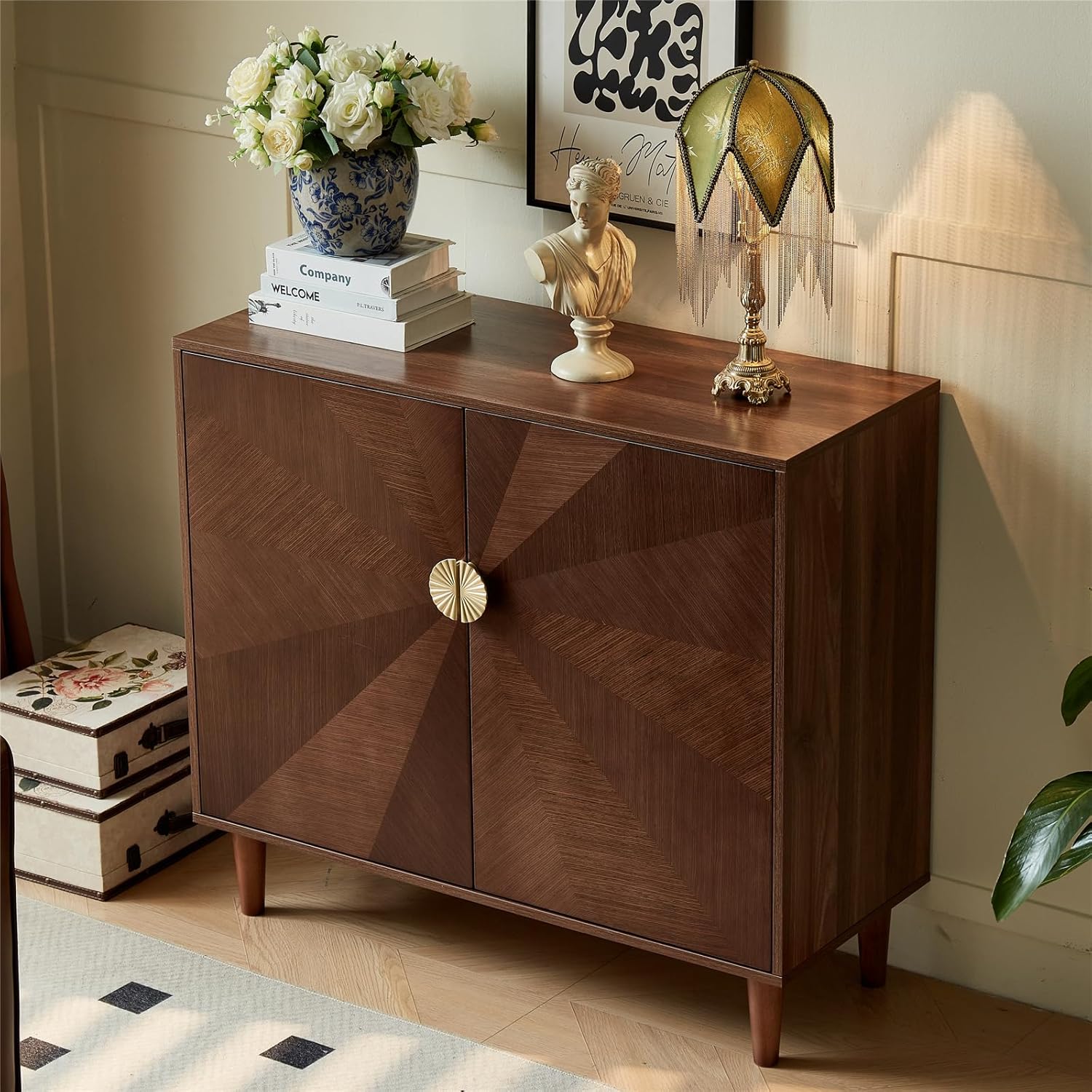 Buffet Cabinet with Storage, 39.4" Large Kitchen Sideboard Cabinet with 2 Doors and Shelves, Mid-Century Wood Coffee Bar Buffet Table for Kitchen Dining Room, Walnut