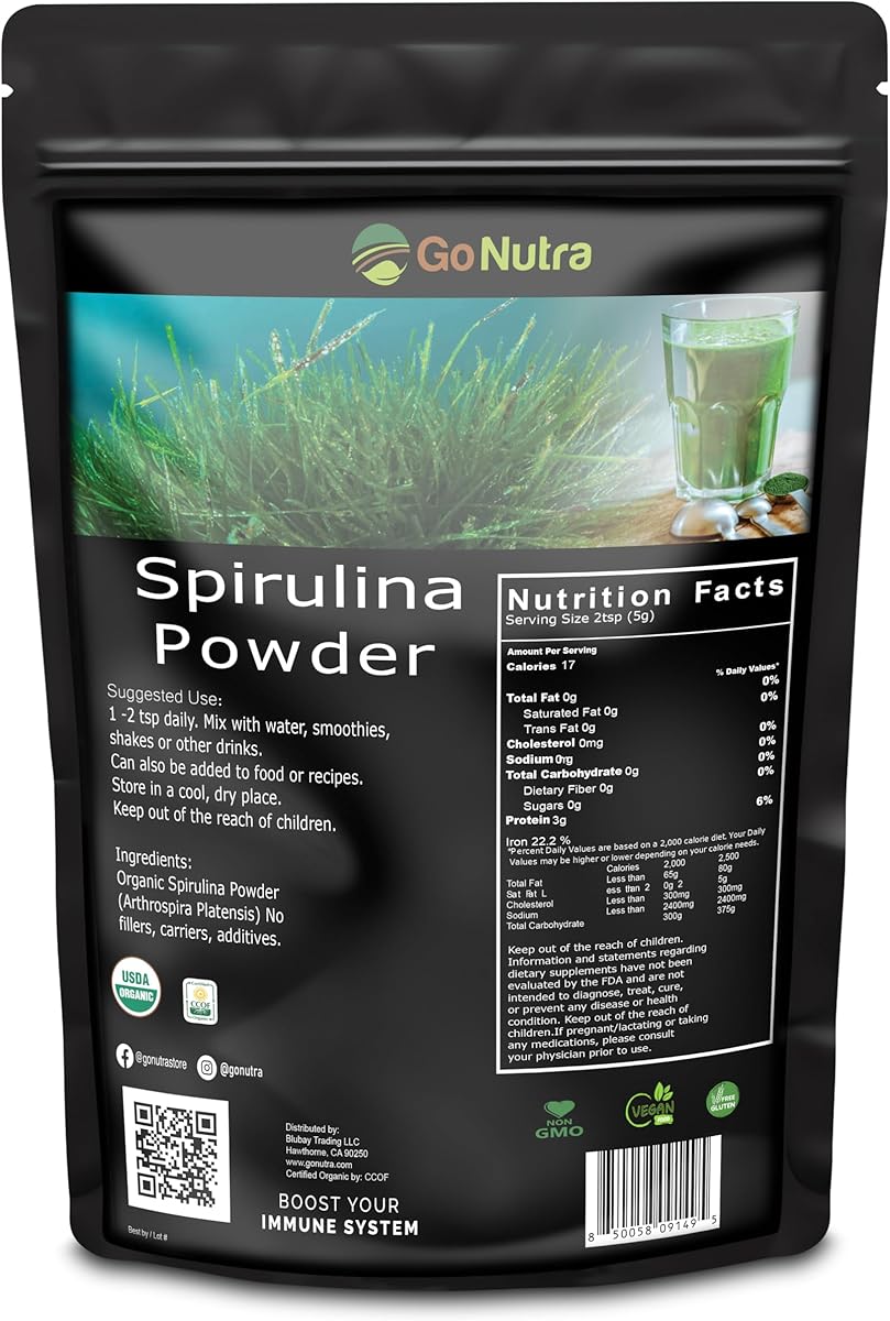 Go Nutra Go Nutra Spirulina Powder Organic | Pure Non GMO Superfoods for Antioxidant, Minerals, Fatty Acids, Fiber & Protein | Vegan Friendly (1 lb. (16 oz.))