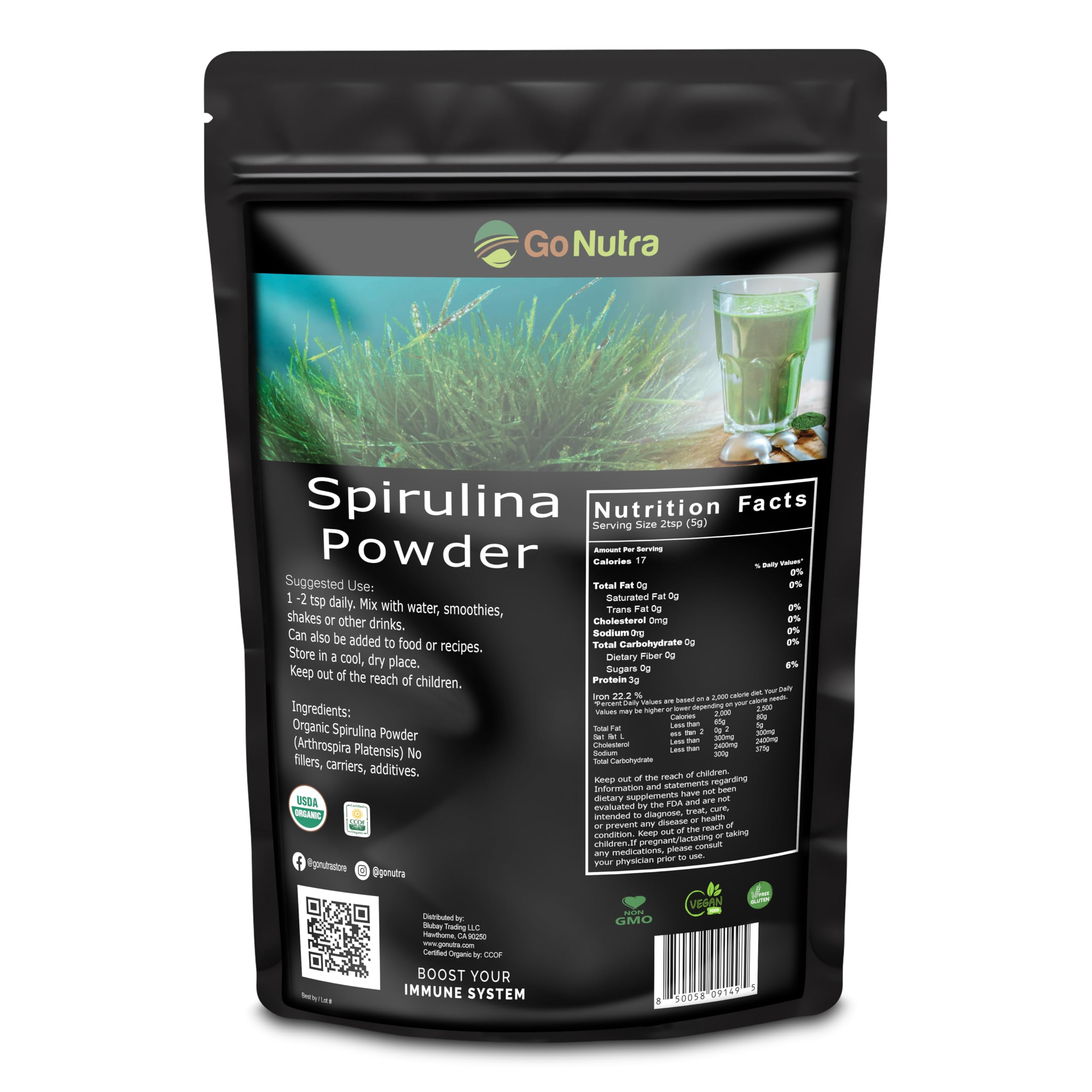Go Nutra Organic Spirulina Powder, Herbal Supplement Superfoods, 16 Ounce Organic Spirulina 16 Ounce (Pack of 1)