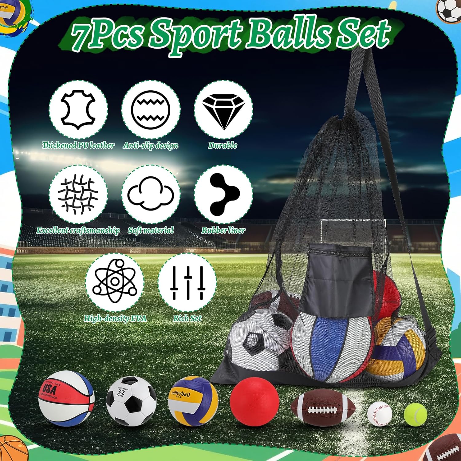 7 Pcs Sports Balls Set, Official Size Basketball Soccer Football Playground Ball Volleyball Baseball Tennis with Sports Equipment Bag Pump for Teen Adult - Image 4