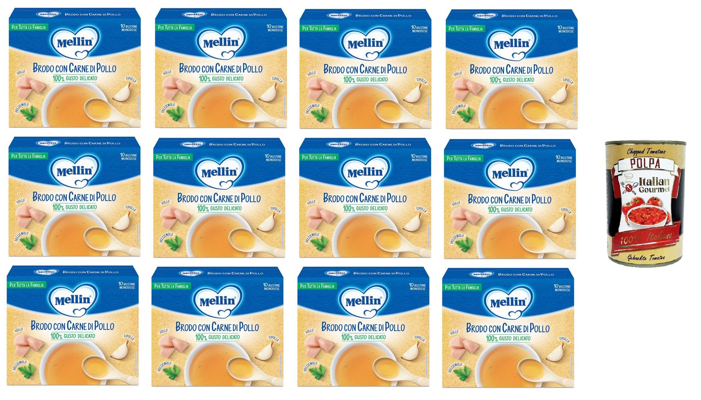 Mellin Brodo con carne di pollo 100% Gusto Delicato, per tutta la famiglia caldo con carne de pollo 100% sabor delicado, para toda la familia 12 x 50 gr + polpa italiana gourmet 400 g