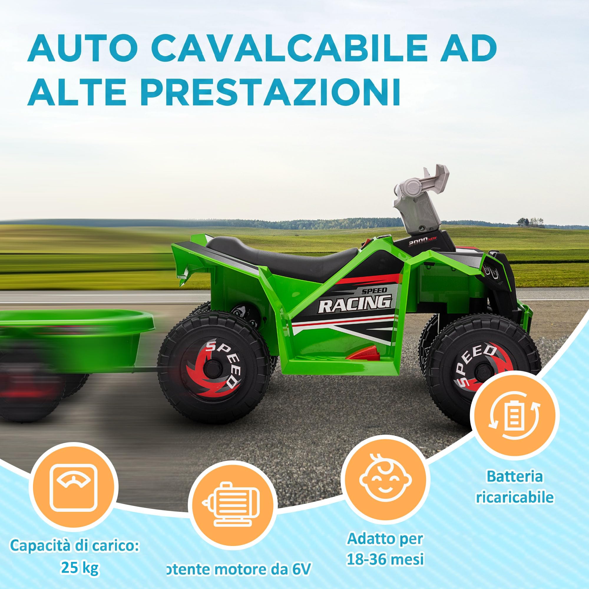 HOMCOM Quad Elettrico per Bambini con Rimorchio 6V per 18-36 Mesi Verde