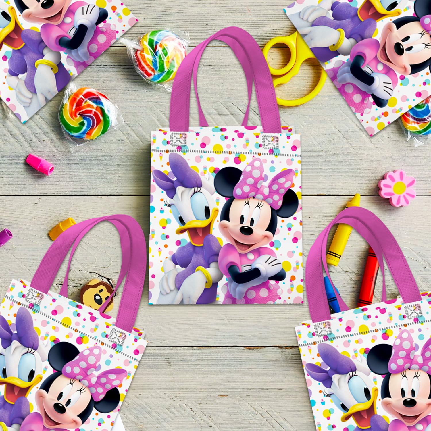Disney Minnie Mouse Party Favor Bags Set – 24 Pack of 8" Minnie Mouse Party Goodie Bags for Kids Bulk Reusable Totes | Minnie Birthday Party Supplies