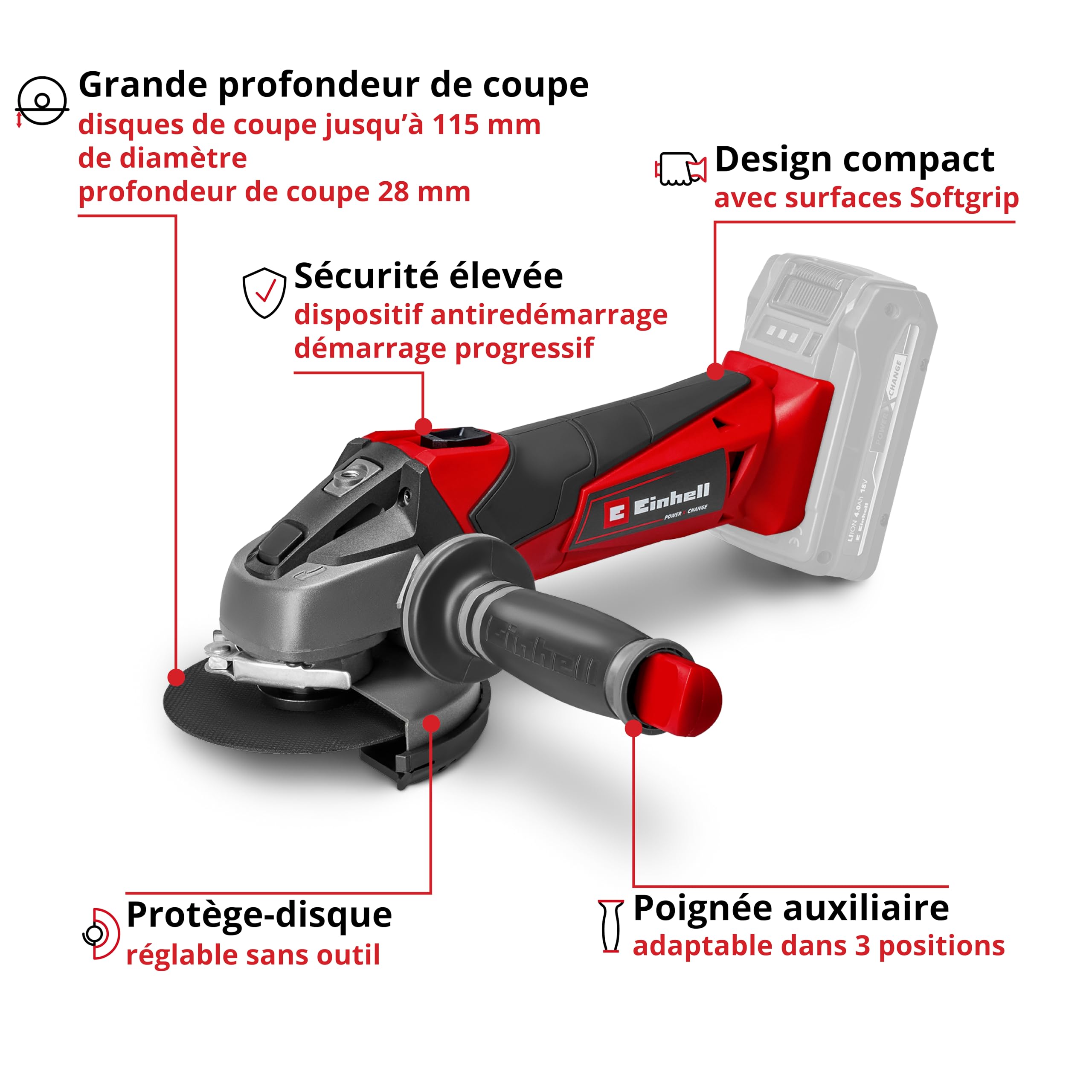 Einhell Meuleuse d'angle 115mm sans fil TE-AG 18 Li Solo Power X-Change (18V, Régime : 8500 trs/min, Profondeur de coupe : 28 mm) Livré sans Batterie ni Chargeur