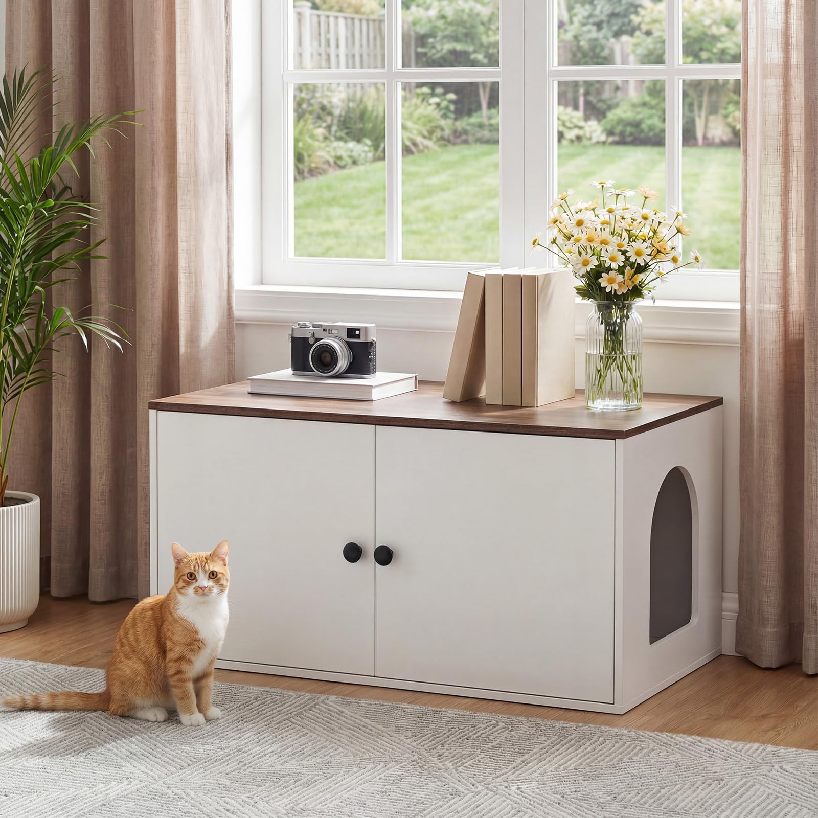 HOOBRO Katzenklo Schrank aus Spanplatte, Katzentoilette Schrank, versteckter Katzenkloschrank mit Seiteneingang, Haustiermöbel für den Innenbereich, Beistelltisch, Weiß und Walnuss EWH40MW01