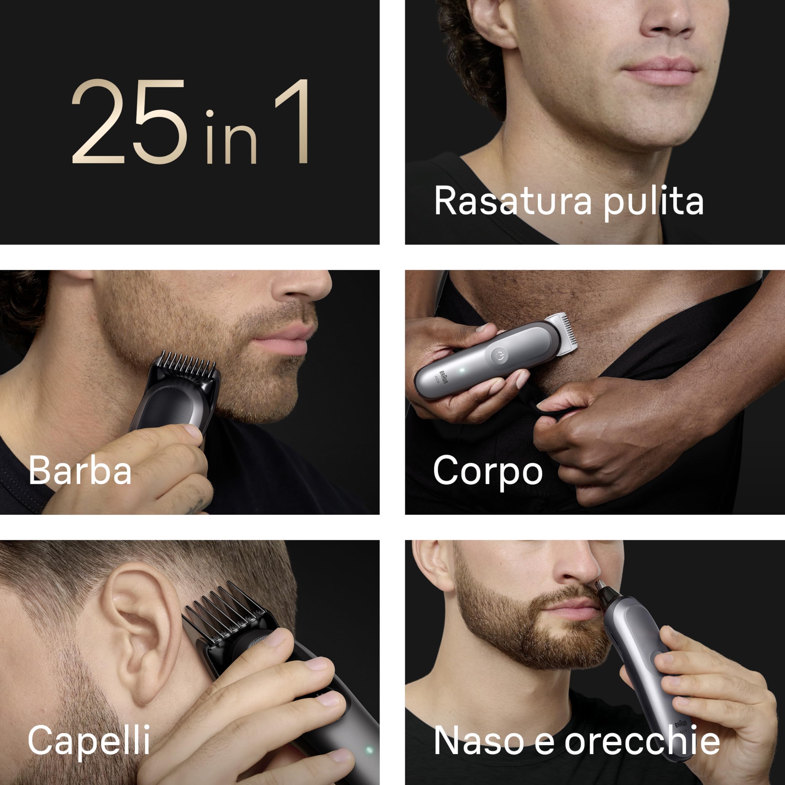 Braun Rasoio Elettrico Barba e Capelli Serie 9, Accessori AIO9565 Grigio | Rifinitore All-in-One 25in1, Rasoio Elettrico Corpo Uomo, Modalità Bodygentle, Peli Naso, Impermeabile Ricaricabile