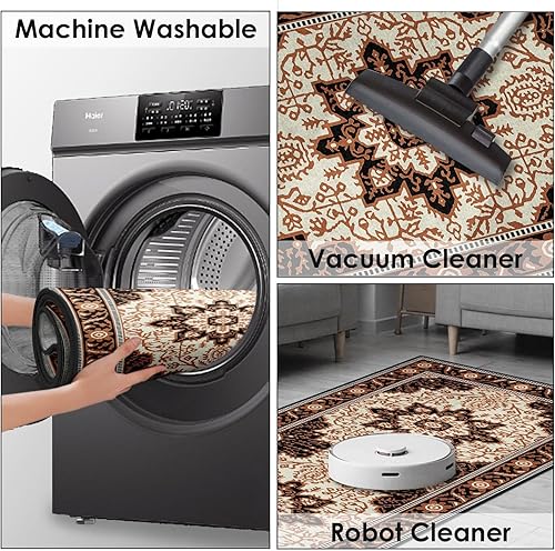 Miniatura 7 de Alfombra de pasillo marrón retro de 2 x 6 pies, tradicional, antideslizante, lavable a máquina, alfombra de franela suave para interiores y