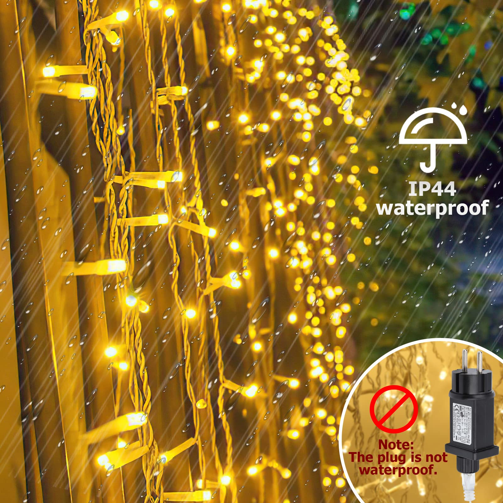 Ikodm Catena luminosa a LED per esterni, con funzione di memoria e 8 modalità, catena luminosa per esterni e interni (20 M-200 LED, bianco caldo)