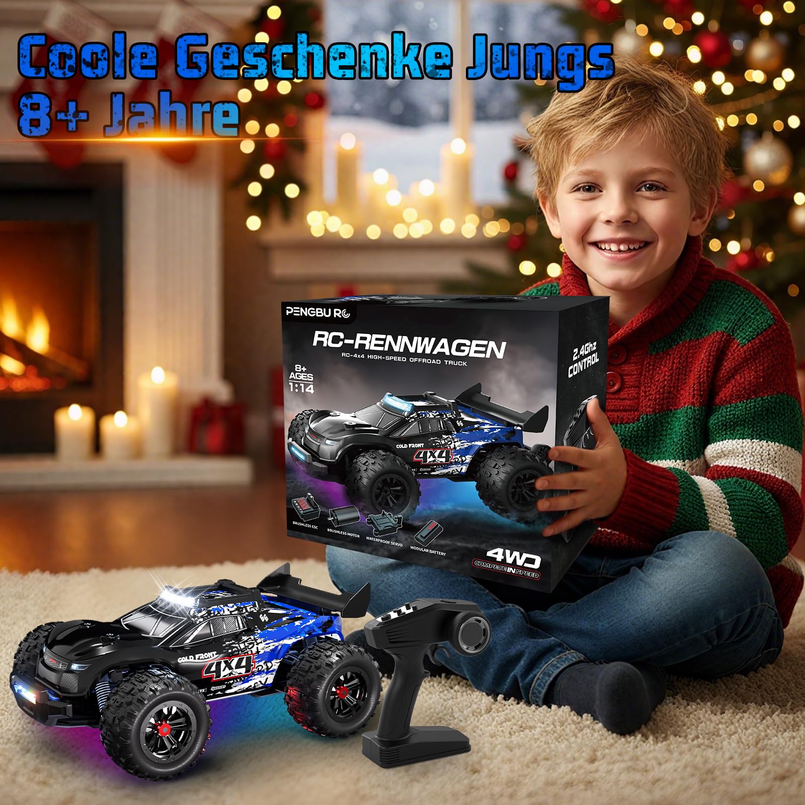 Samochód zdalnie sterowany 40 km/h, 1/14 RC samochód z 7 kolorowymi światłami, 2,4 GHz, pilot zdalnego sterowania z 2 bateriami 2000 mAh, 4 WD, monster truck zdalnie sterowany RTR All Terrain