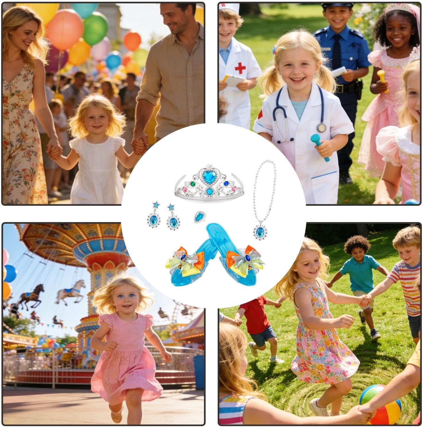 5-Piece Princess Dress Up Kit, Jewelry and Shoes Play Set with Crowns, Bracelets, Necklaces, Pretend Play Costume Accessories for Birthday, Halloween, Holiday, Recital, School Playtime