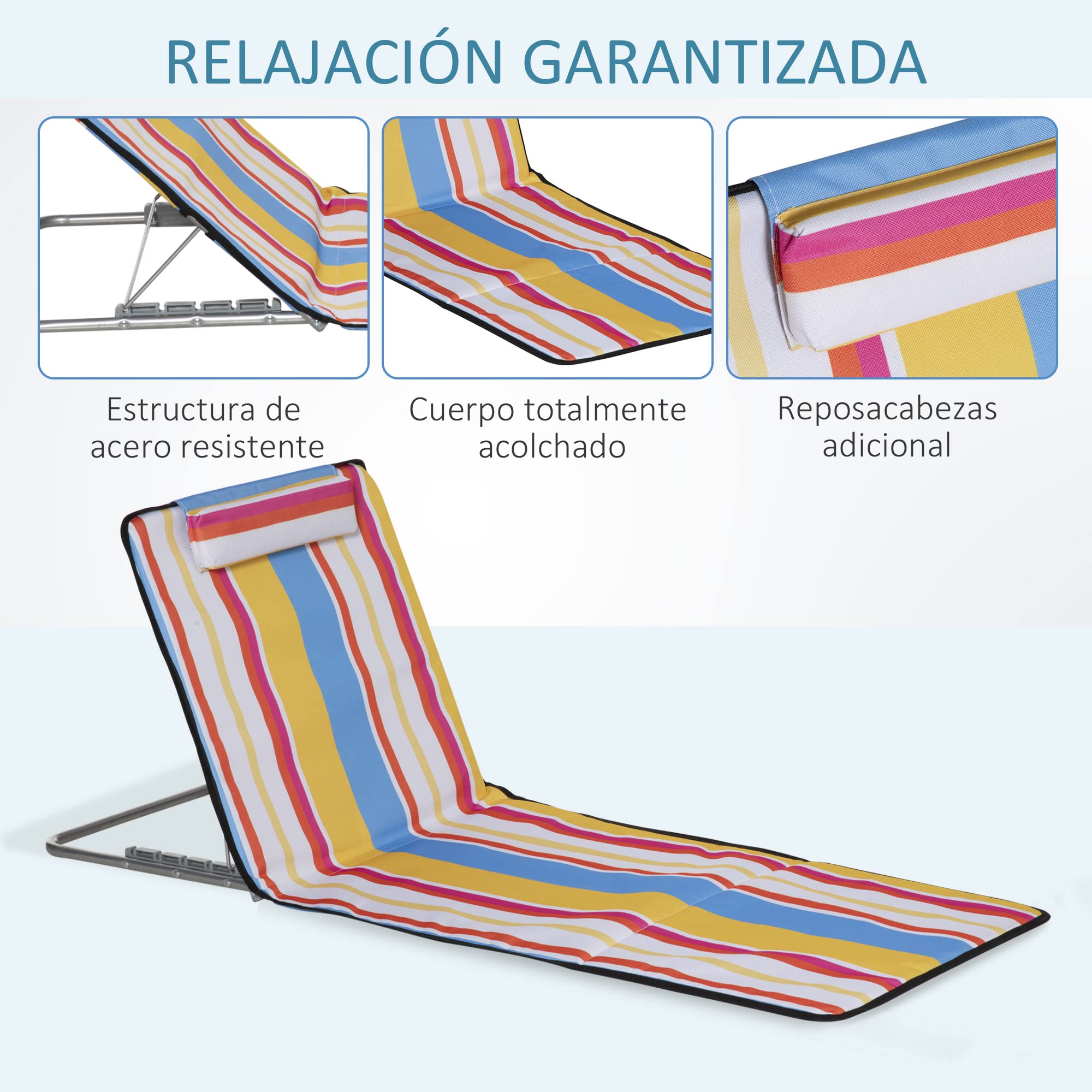 Outsunny Set de 2 Esterillas de Playa Plegables 124x53x45 cm con Respaldo Ajustable y Reposacabezas Esteras de Playa Portátil de Tela Oxford Acero con Bolsa de Transporte para Balcón Jardín Multicolor