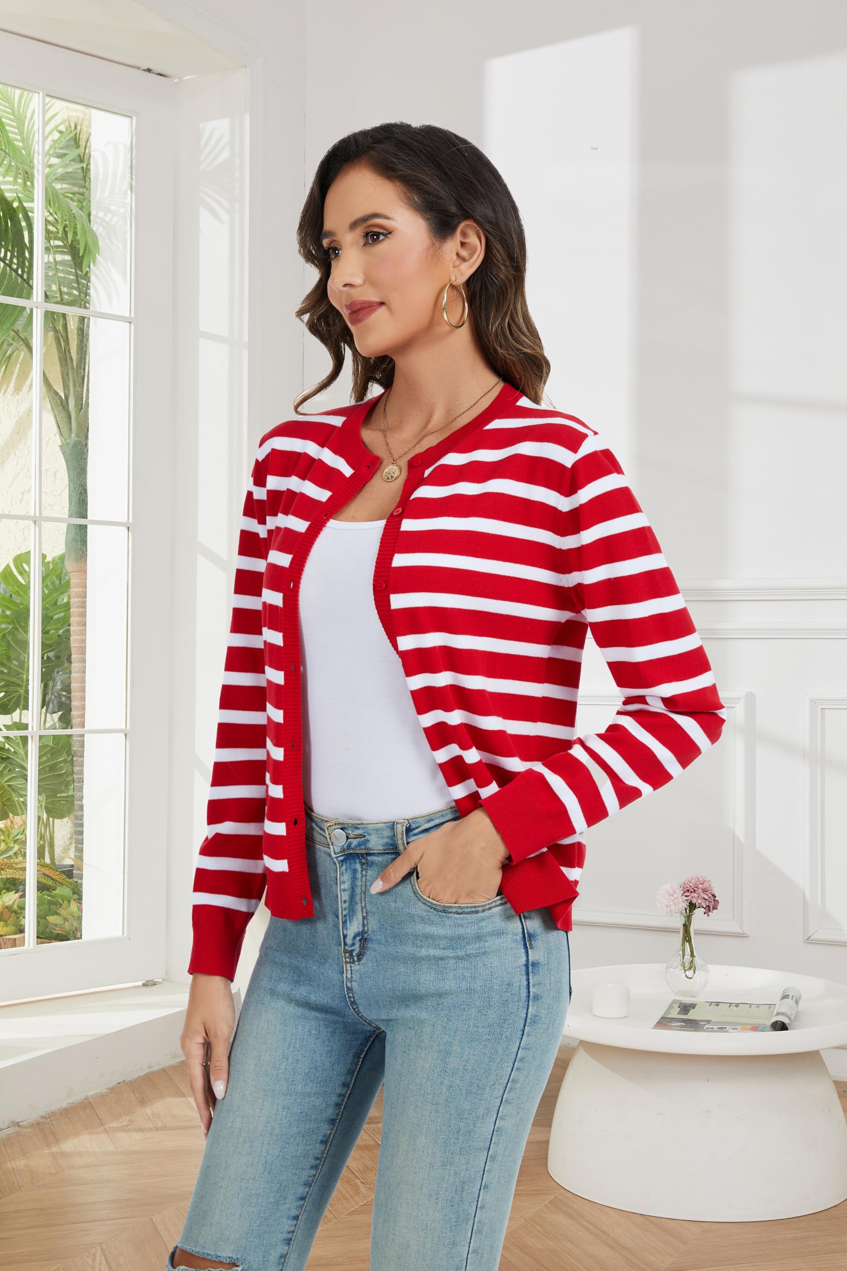 CUNYI Cardigan de Punto para Mujer Rebeca Cuello Redondo Clásico Manga Larga Chaqueta de Mujer con Botones Abrigo Elegante, Rojo y Blanco S