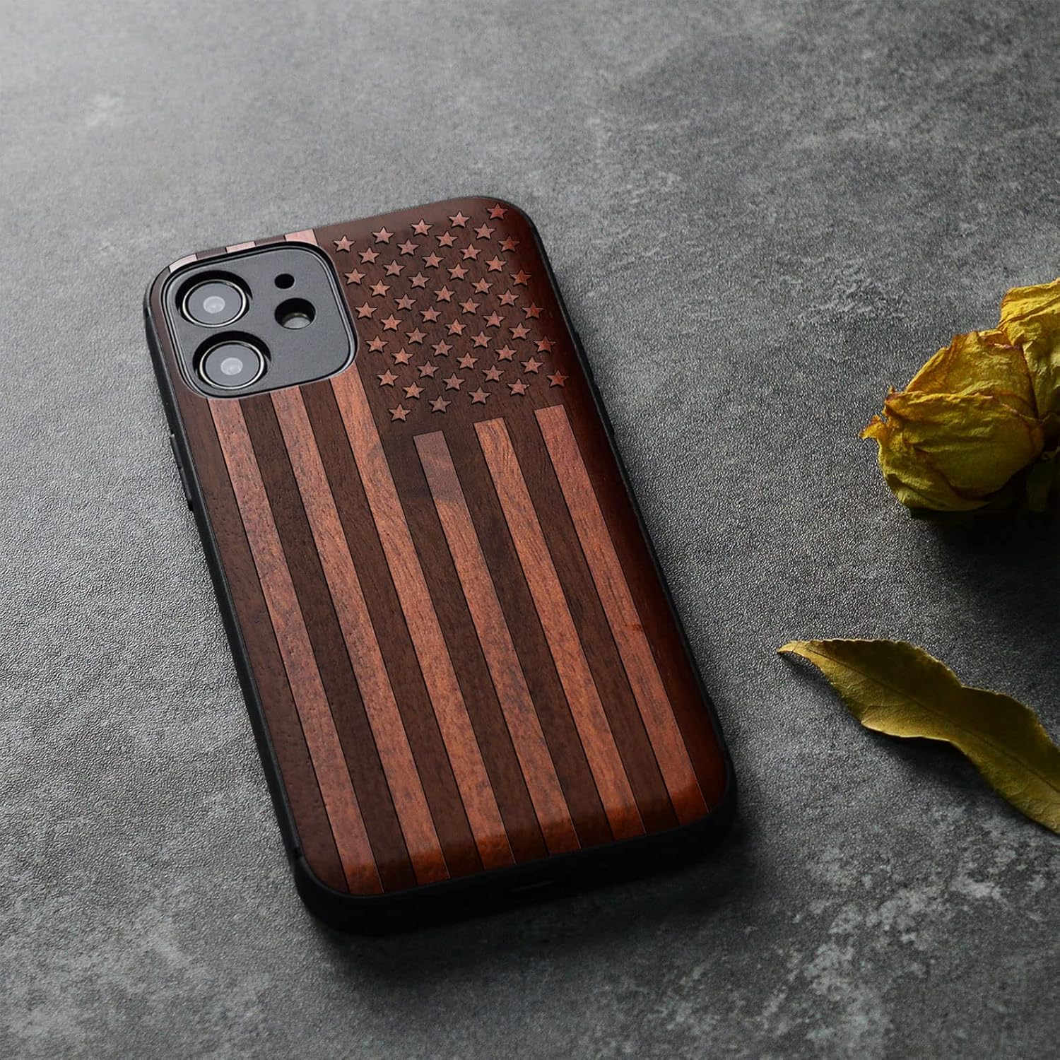 Carveit Magnetic Wood Case for iPhone 12 Mini Case [Natural Wood & Black Soft TPU] Shockproof Protective Unique & Classy Wooden Cover Compatible with MagSafe (American Flag-Rosy)