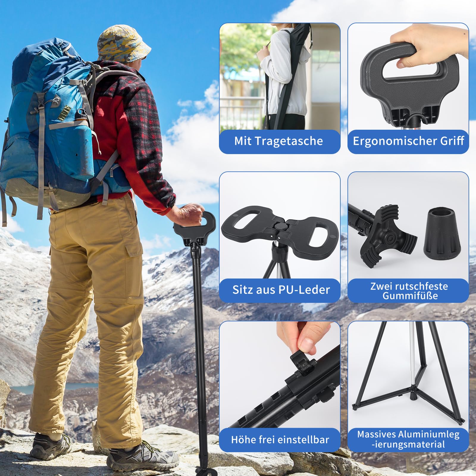 Bastón ajustable en altura con asiento, con bolsa de transporte, 150 kg, bastón retráctil ligero para acampar, senderismo, bastón ajustable de aluminio con asiento
