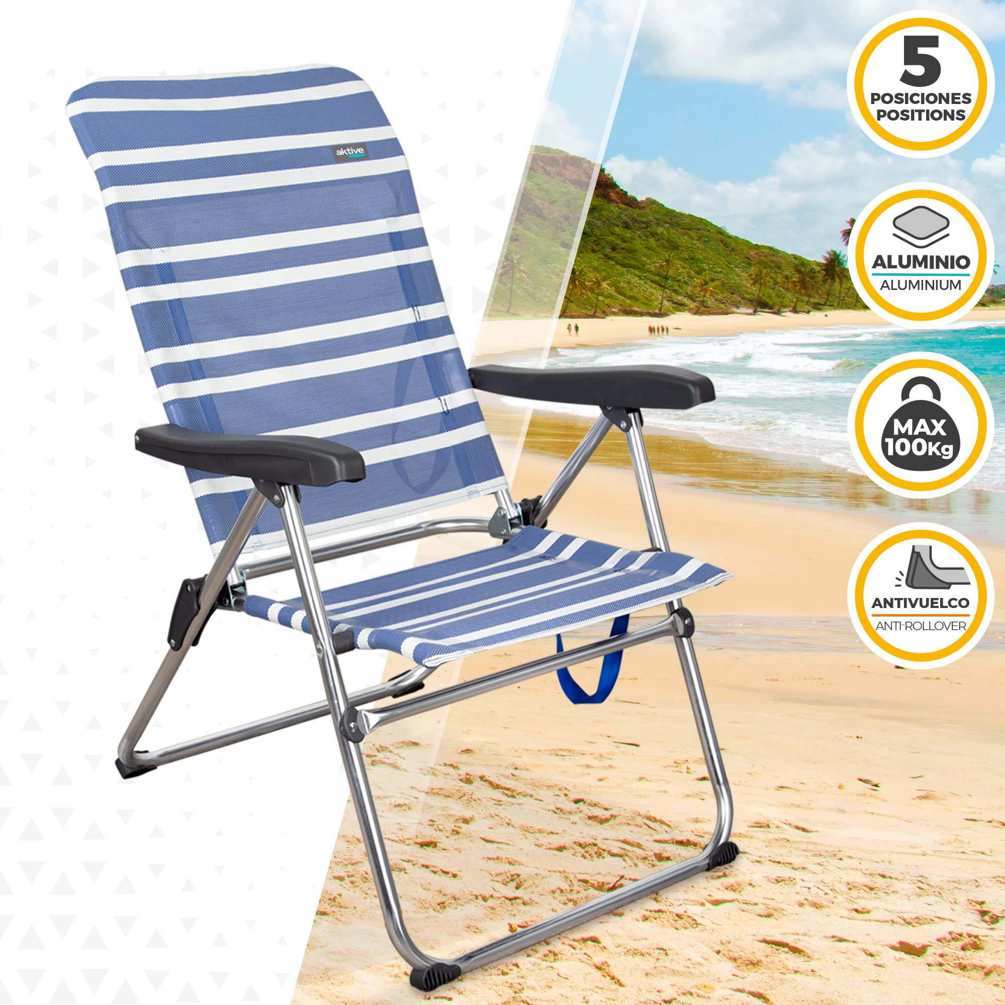 AKTIVE Camping - Lot de 2 Chaises de Plage Pliantes Mykonos, Multipositions avec Protections Anti-Renversement, Économique, 46,50 X 63 X 93 cm, Bleu et Blanc