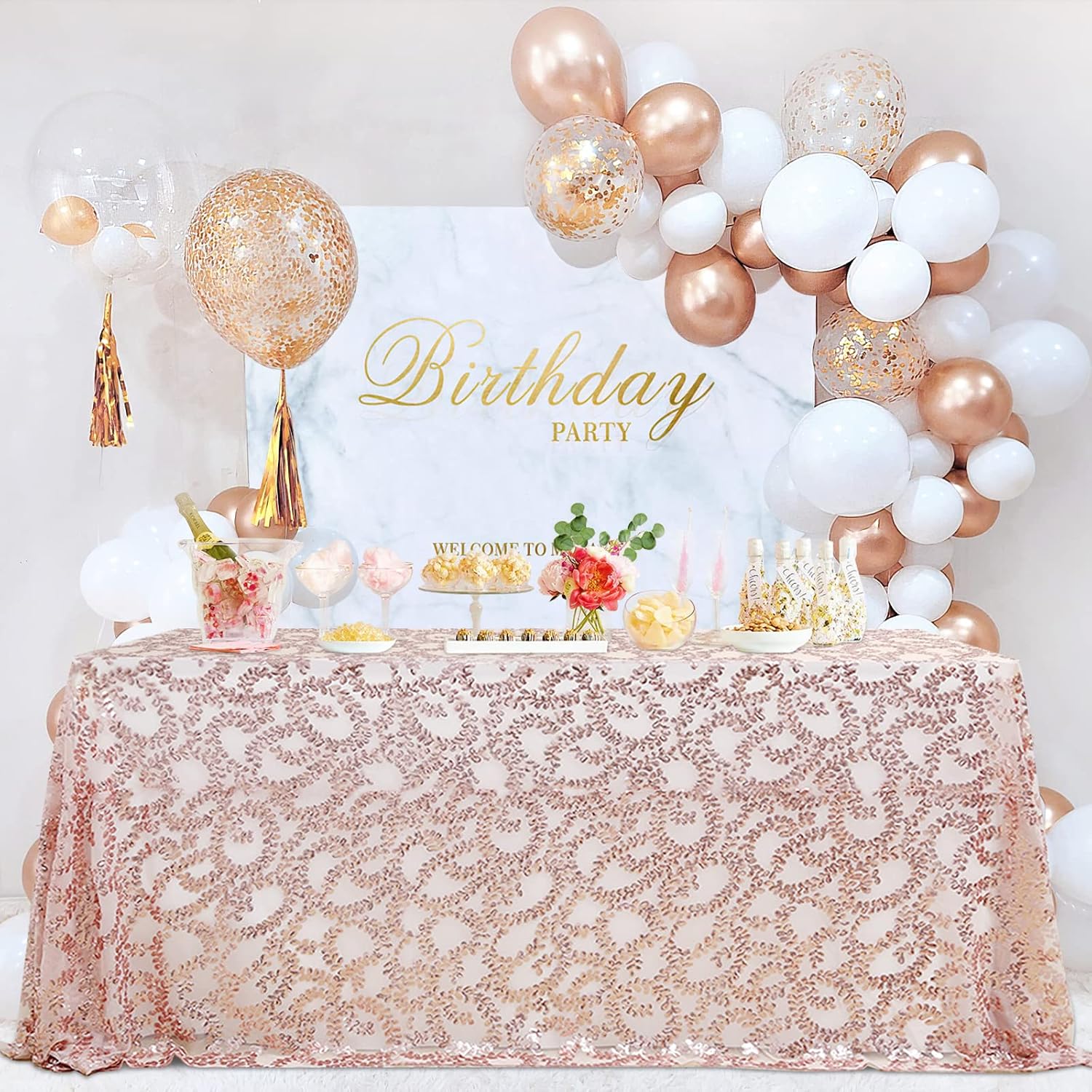 Fanqisi Rose Gold Flower Sequin Tablecloth 50x102 Inches Sparkly Tablecloths Rectangle Table Linens for Wedding Party Home Table Decoration