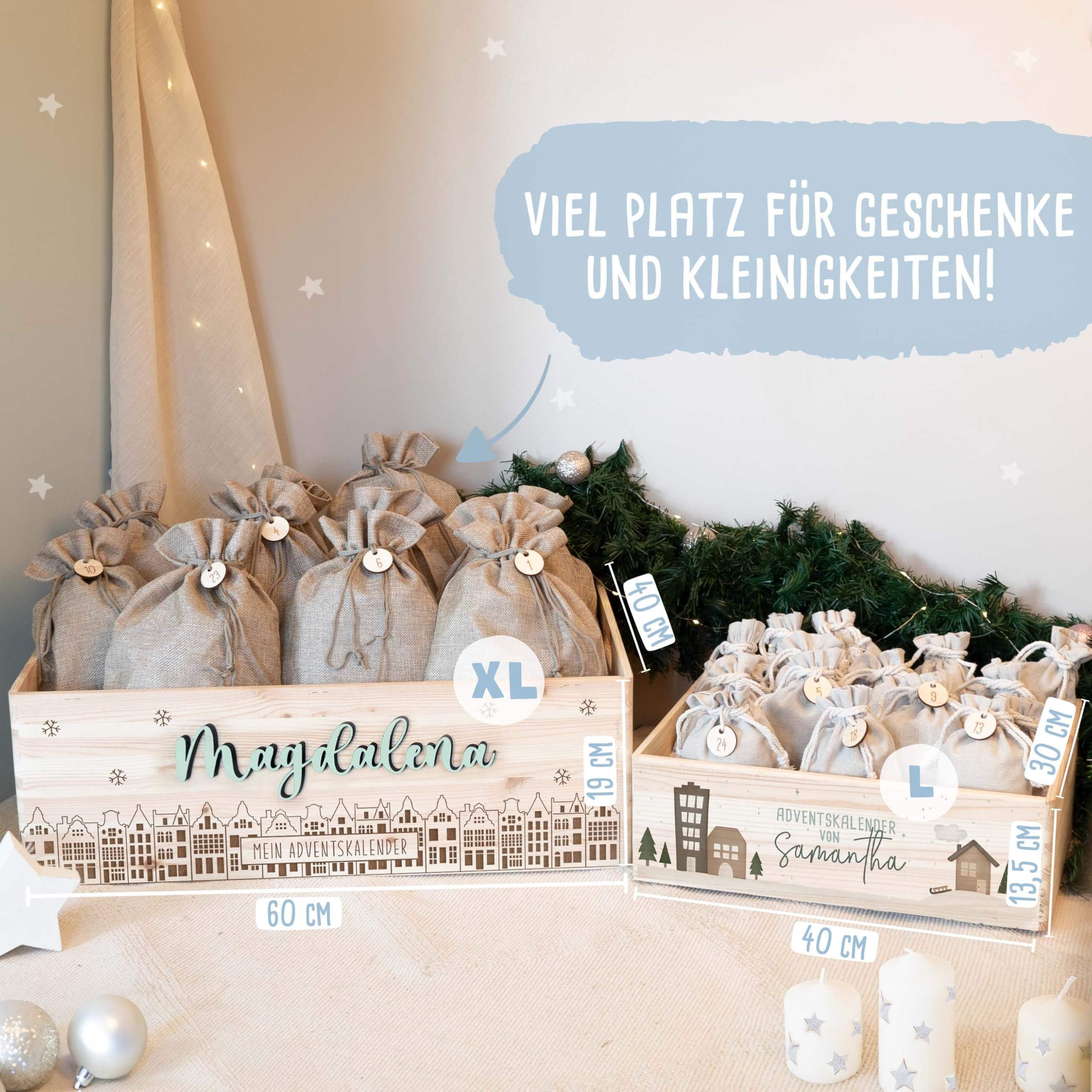 Personalisierte Adventskiste - Adventskalender aus Holz mit Namen - Gravur Kalender DIY - Weihnachtskalender für Kinder - hello mini (Weihnachtskugeln)