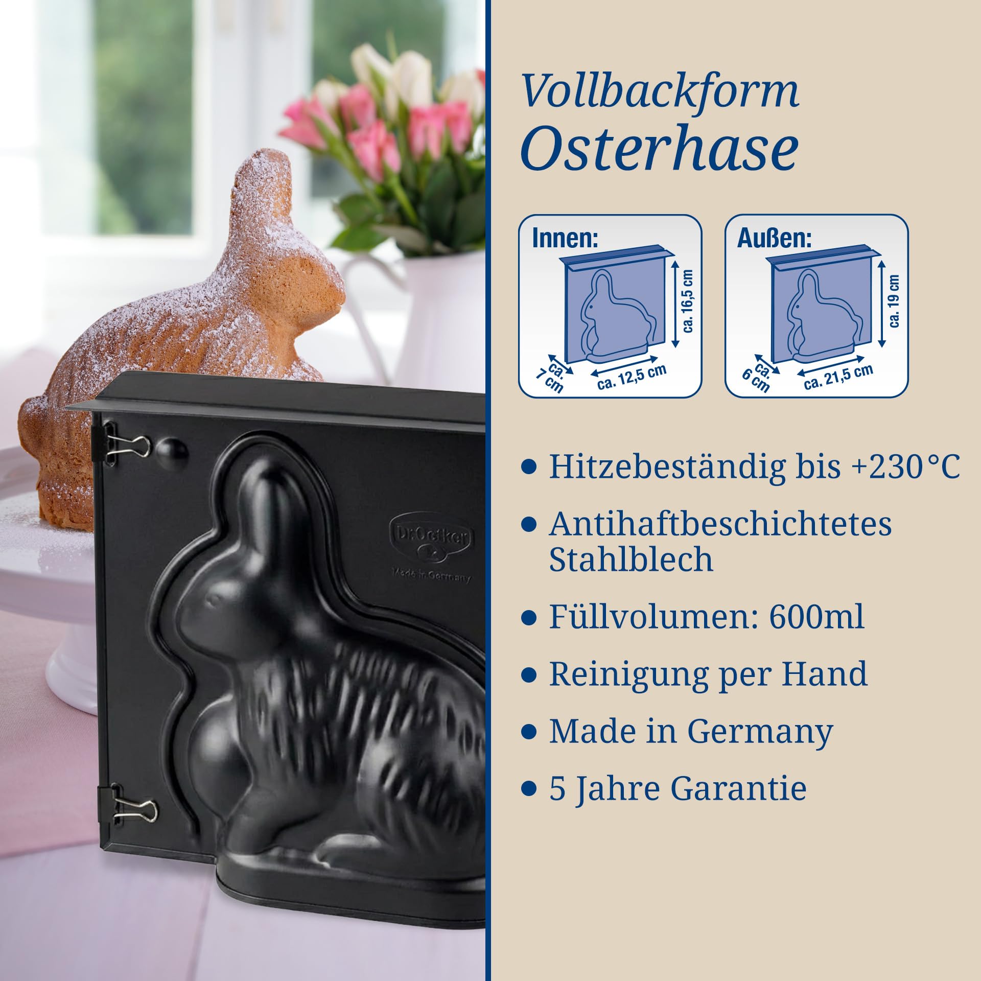 Dr. Oetker Vollbackform Hase – 3D Hasenbackform aus Stahlblech mit Antihaftbeschichtung, inkl. Verschlussklammern, Hitzebeständigkeit: +230 °C, Reinigung per Hand, Made in Germany Hase 600ml - 2