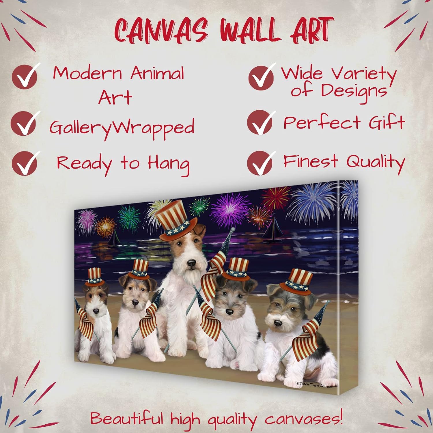 Independence Day with Wire Fox Terrier Dog Canvas Wall Art - Premium Quality Ready to Hang Room Decor - Flat Rolled 11" x 14"
