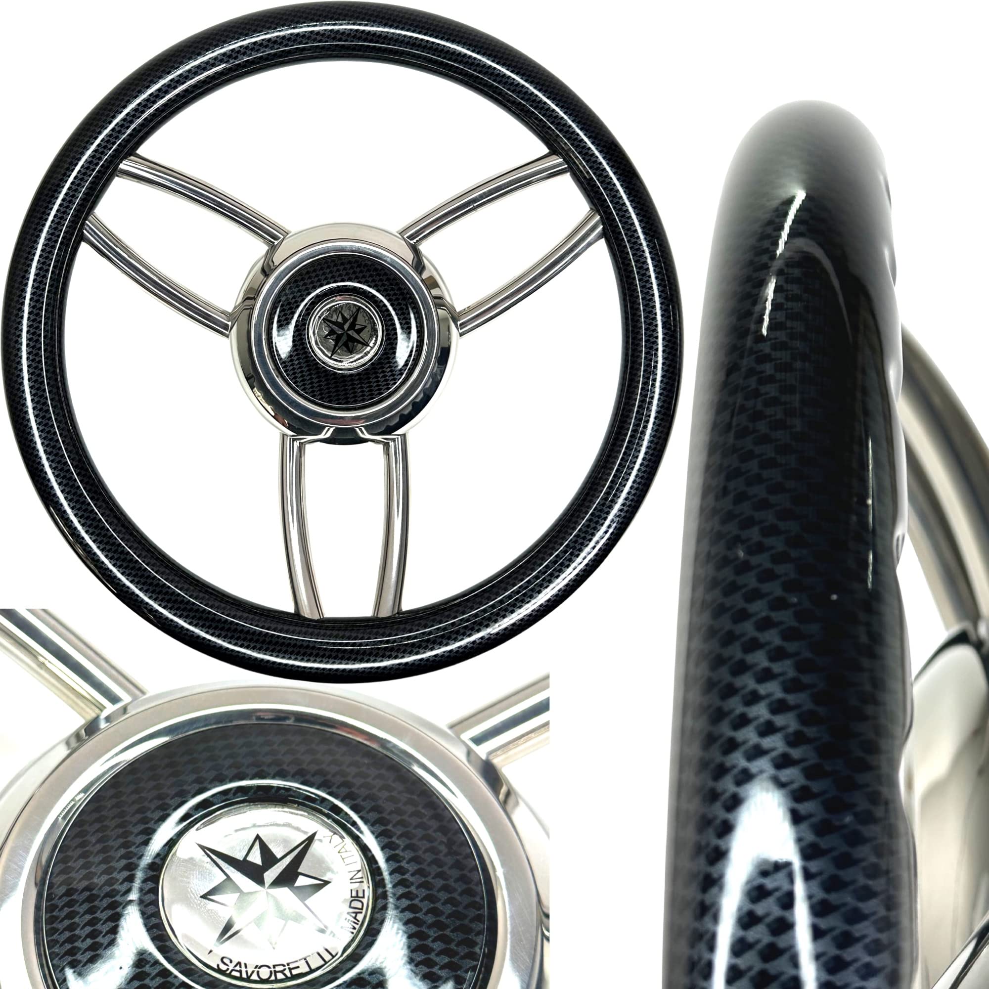 F26 Motorboot Sport Steuerrad T26CF, Edelstahl, 35 cm | Ergonomischer Griff im Carbon Look, für Tender, Schaluppe, Sloep, Tuckerboot und Yacht