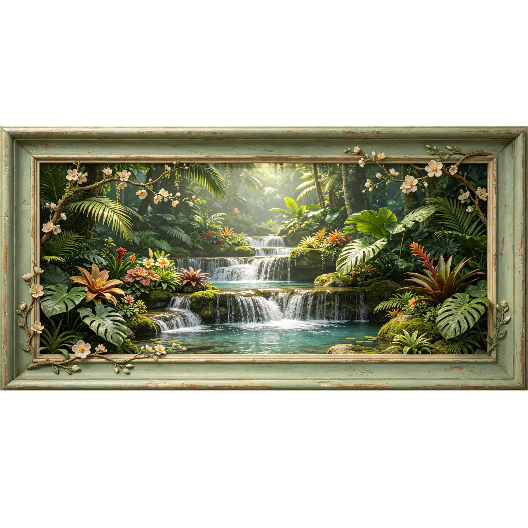 Agglomerix 3D Framed Wall Art Tropical Waterfall Landscape Botanical Relief Effect Large Size SelfAdhesive Removable Wall Decor Prints Artwork for Living Room Bedroom Office