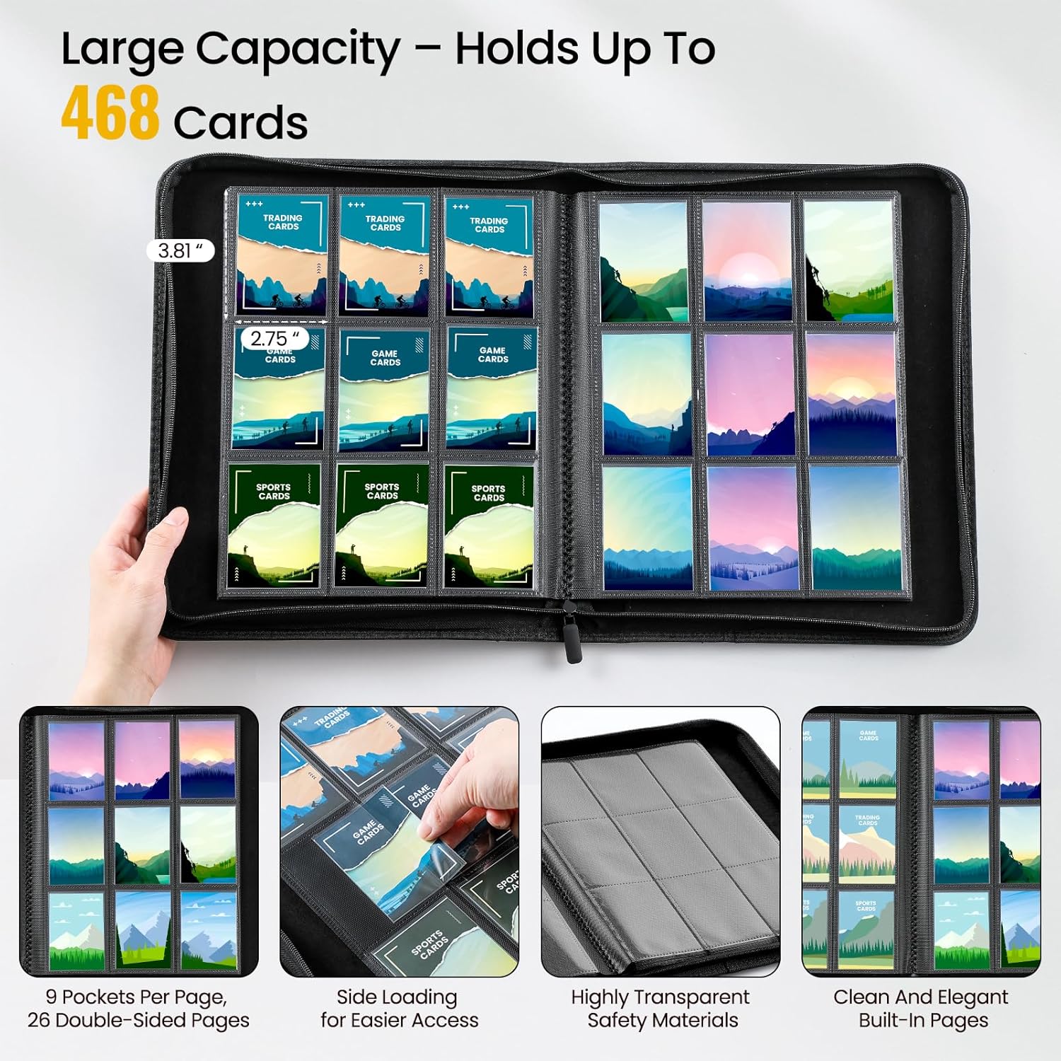 9 Pocket Trading Card Binder with 500 Card Sleeves, 26 Side-Loading Pages Hold 468 Trading Cards, Black PU Cover Zip Card Collection Binder with Side Label, MTG, TCG, Game Cards, Sport Cards Organizer