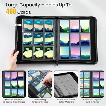 9 Pocket Trading Card Binder with 500 Card Sleeves, 26 Side-Loading Pages Hold 468 Trading Cards, Black PU Cover Zip Card Collection Binder with Side Label, MTG, TCG, Game Cards, Sport Cards Organizer