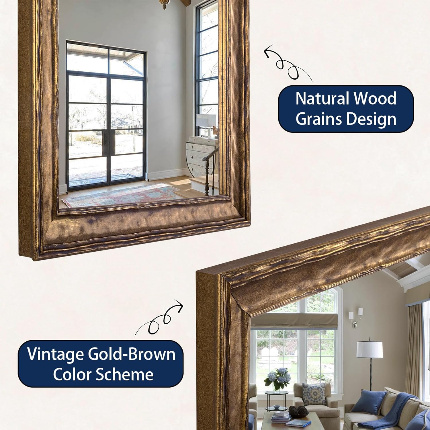 Vintage Wall Mirror, 41"x29" Rectangular Natural Wooden Framed Mirror for Bathroom, Decorative Wall Mirrors for Entryway, Dining Room, Fireplace, Vertical or Horizontal Hanging