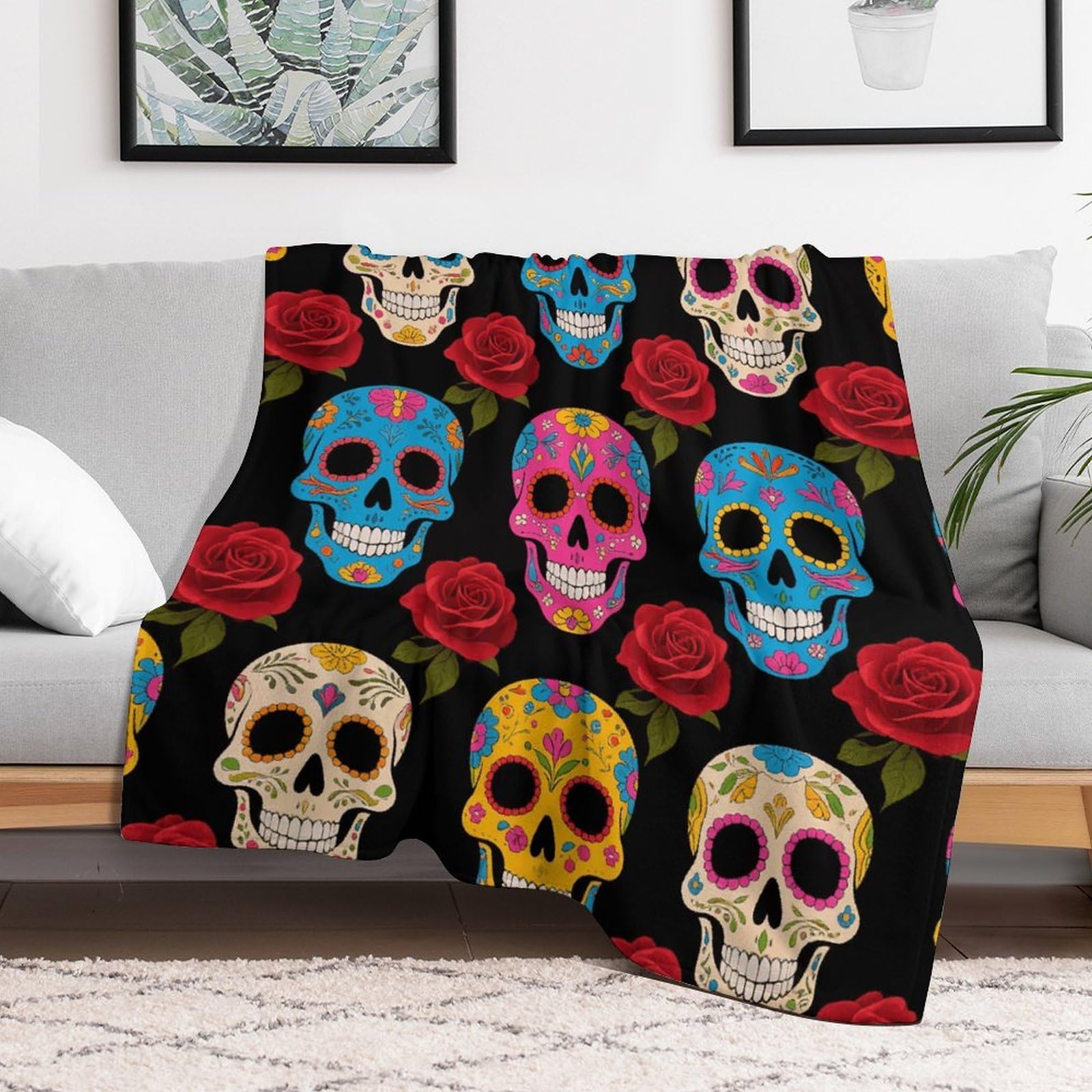 Custom Sugar Skulls Blanket Lightweight Flannel Fleece Throw for Couch Sofa Bed Luxury Soft Cozy Plush Lap Bedtime Blanket for All Seasons Bedroom Home Decor Gifts 50x60