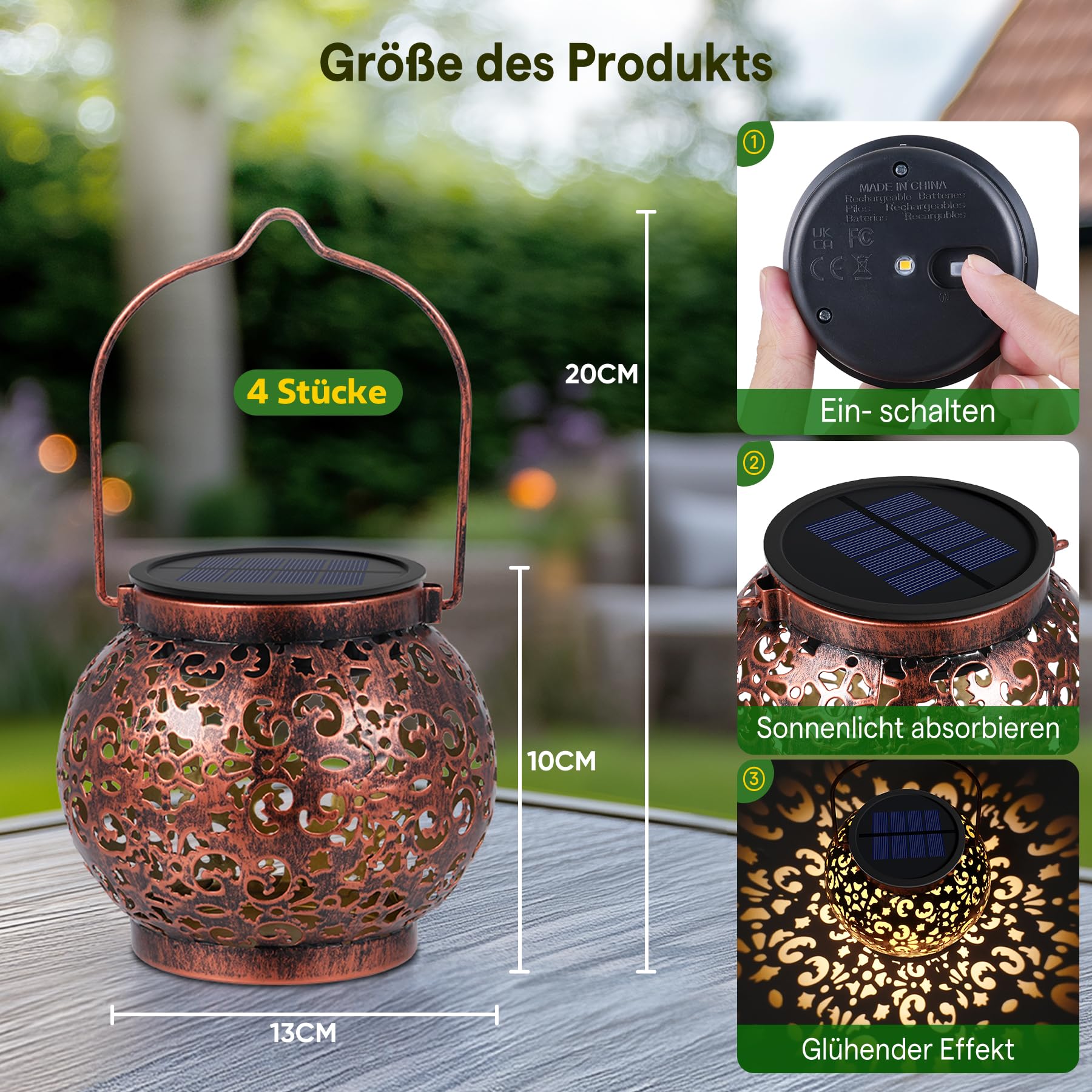 Latarnie solarne do użytku na zewnątrz, 4 sztuki, odporne na warunki atmosferyczne, IP65, do użytku na zewnątrz, metalowe wiszące
