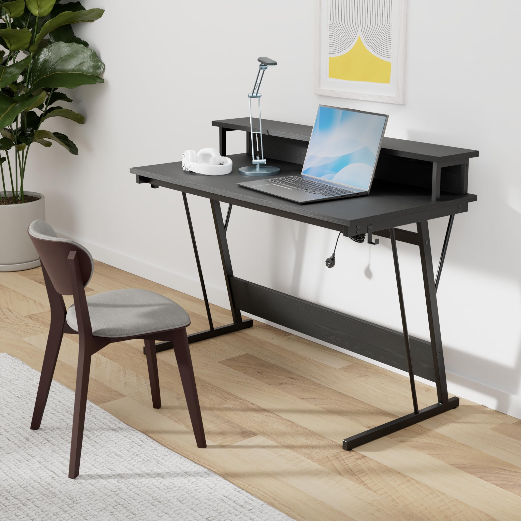 VASAGLE Bureau Gaming avec LED et Multiprise, Table Gamer, Bureau Informatique avec Rehausseur d’Écran, pour 2 Ordinateurs, pour Chambre, 60 x 120 x 76 cm, Noir Boisé LWD192B56