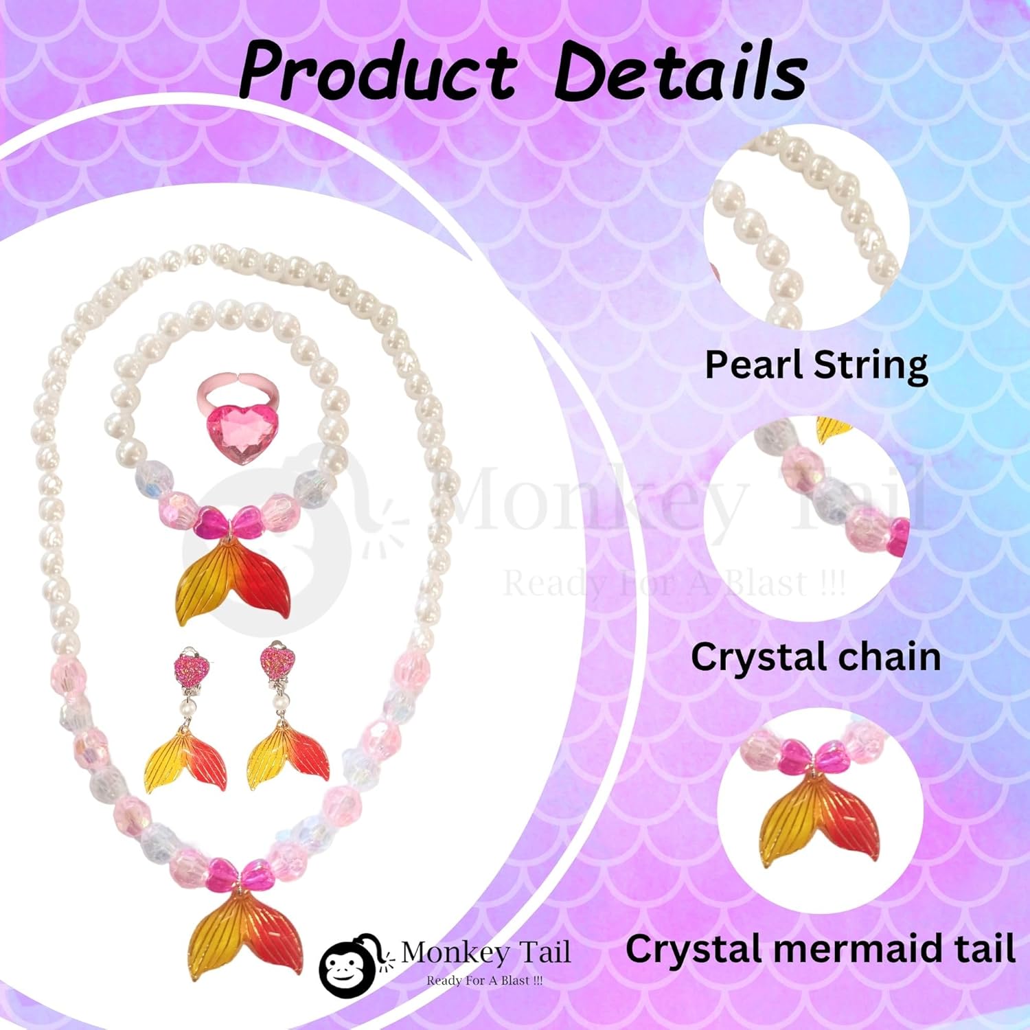 MONKEYTAIL Jewellery Kit for Kids Girls | Set of 1| Princess Jewelry Set with Pearl Beads Necklace, Bracelet, Earrings & Ring | Dress-Up Costume Accessories Gift