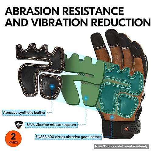 Miniatura 4 de Vgo... Guantes de trabajo resistentes para hombre, piel de cabra, repelente al agua, guantes de rigger, antivibración, pantalla táctil (2 pares, L,