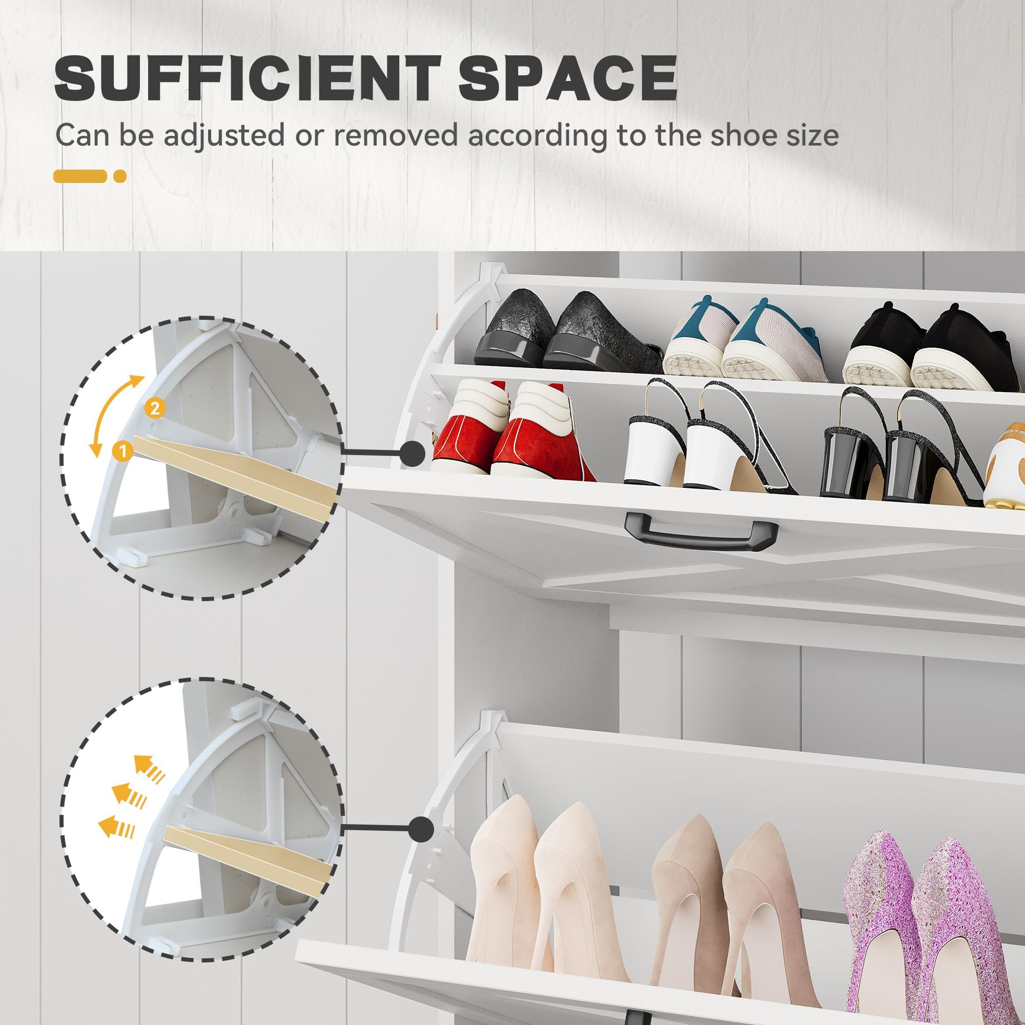 DWVO Farmhouse Shoe Cabinet Bench with 2 Flip Drawers for 16 Pairs, Chic Entryway Bench and Rustic Design for Living Rooms and Hallways (White)