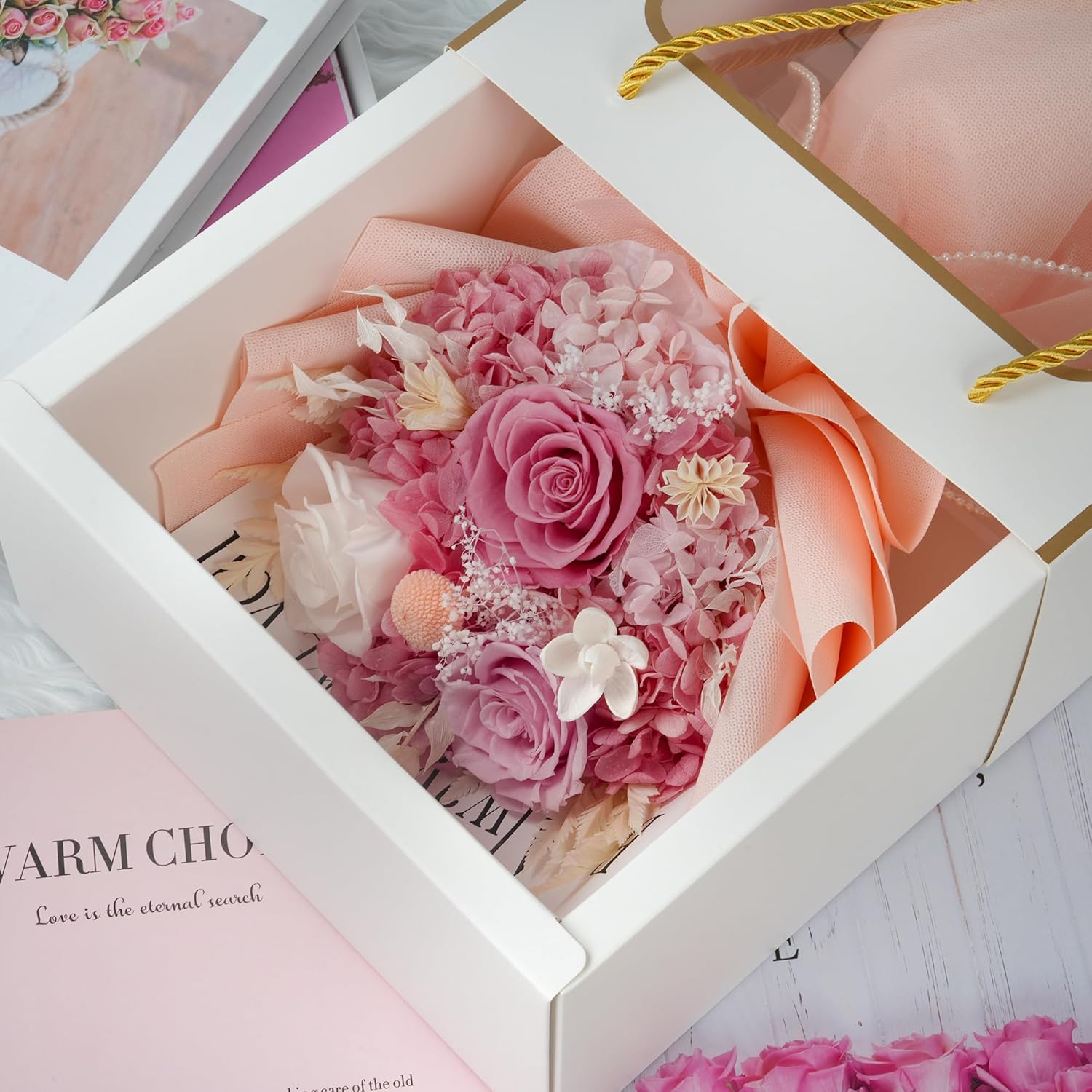 Childom Valentines Day Rose Gifts for Her,Birthday Gifts for Women,Preserved Flowers for Delivery,Pink Real Roses Bouquets,Mothers Day Flowers Gift for Mom,Wife,Grandma,Sister,Anniversary - Image 8